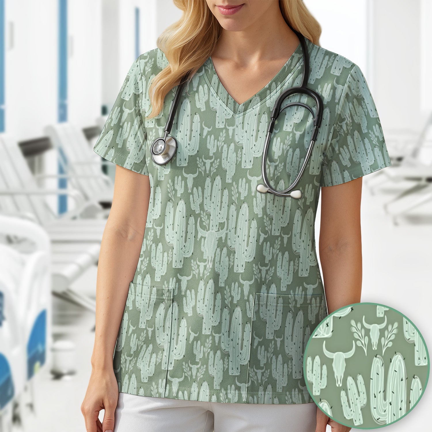 Funny Desert Cactus Skull Pattern Scrub Top, Comfortable Scrubs for Nurses