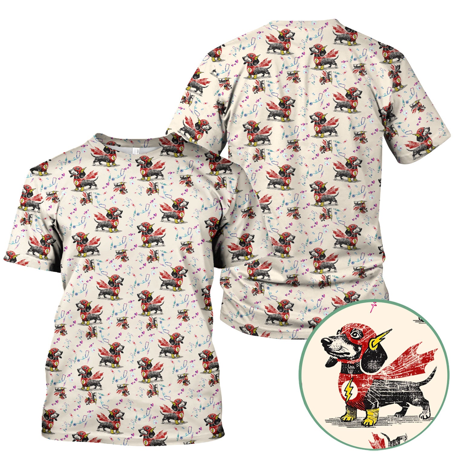 Dachshund Hero Scrub Top for Nurses - Super Nurse Funny Flash Dog Print Medical Uniform Shirt - Cute Sausage Dog Gift for RN CNA LPN