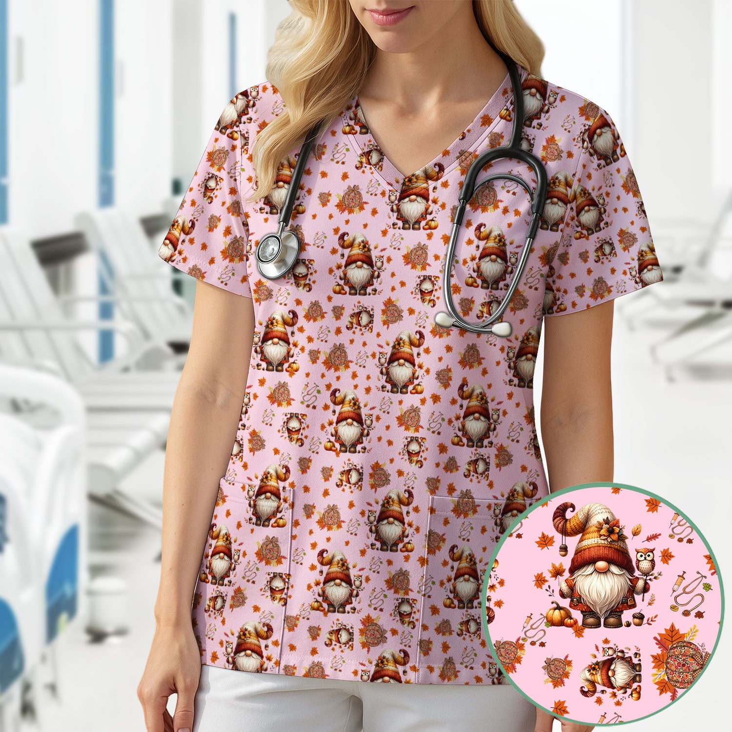 Fall Gnome Nurse Scrub Top for Women - Autumn Leaves Pumpkin Shirts - Thanksgiving Nursing Uniform Gift for RN LPN CNA
