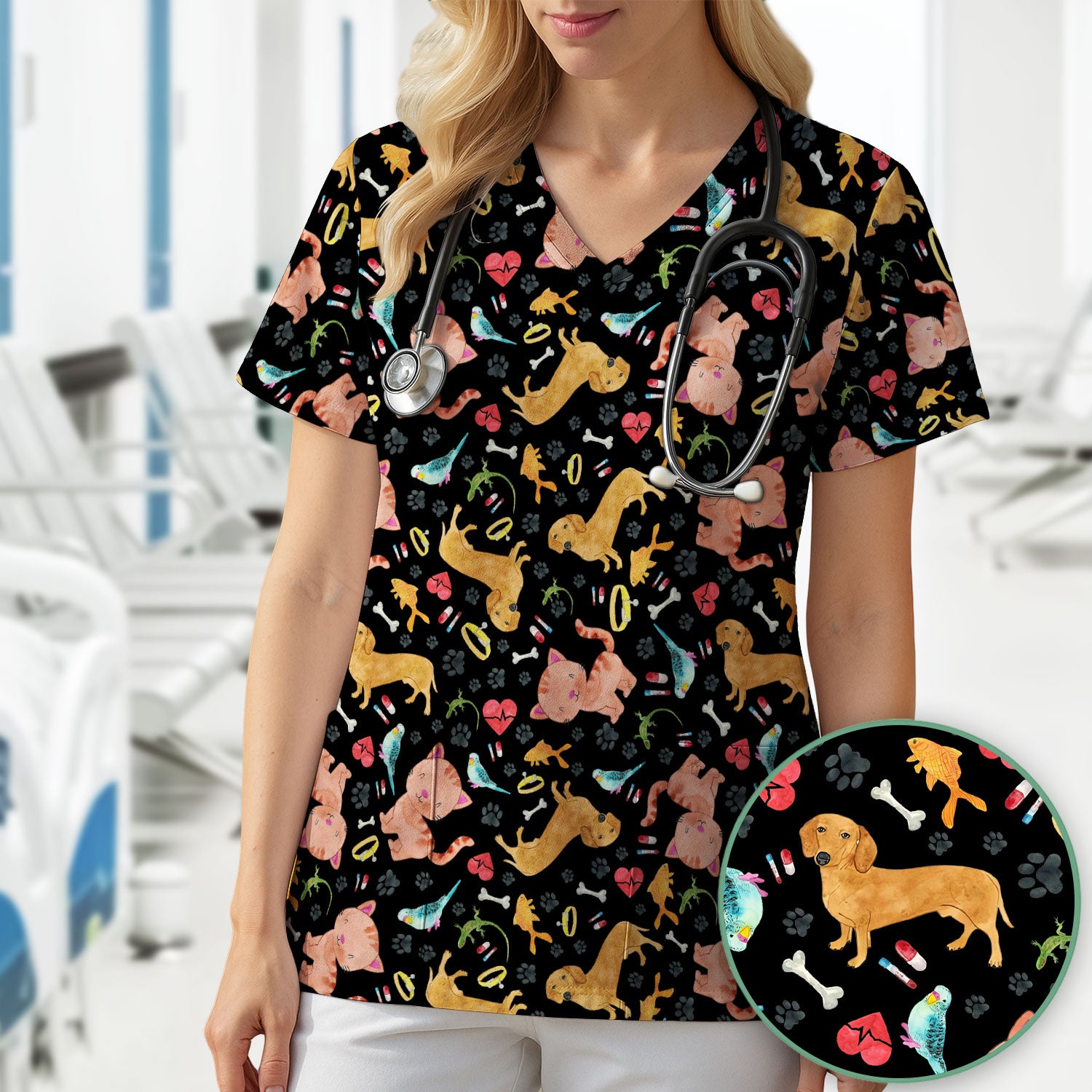 Cute Cat Dog Scrub Top - Animal Lover Medical Uniform - Funny Veterinary Nurse Shirt for Women RN CNA LPN