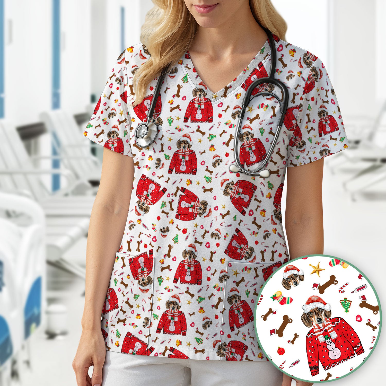 Funny Dog Christmas Scrub Top – Cute Puppy in Santa Outfit Pattern – Festive Holiday Medical Uniform For Nurses And Pet Lovers