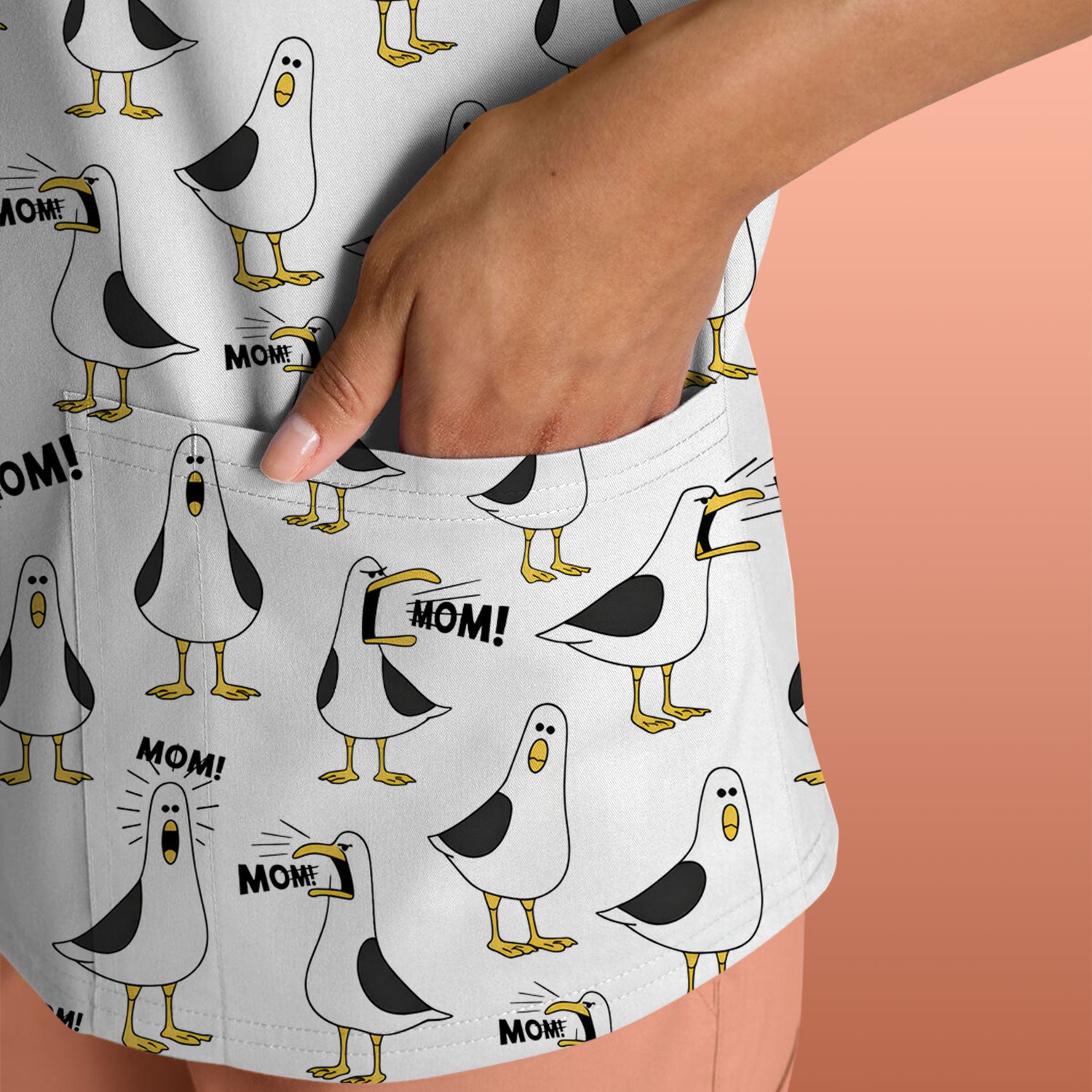 Funny Seagull Mom Seamless Pattern Scrub Top, Comfortable Scrubs for Nurses