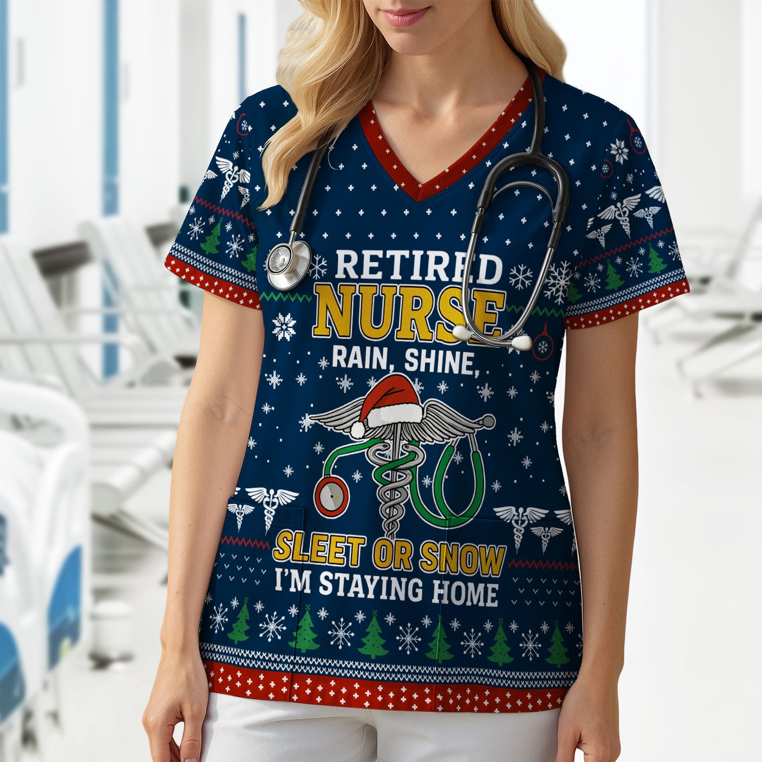 Retired Nurse Christmas Scrub Top, Funny Holiday Nurse Shirt, Rain Shine Sleet or Snow I’m Staying Home Uniform