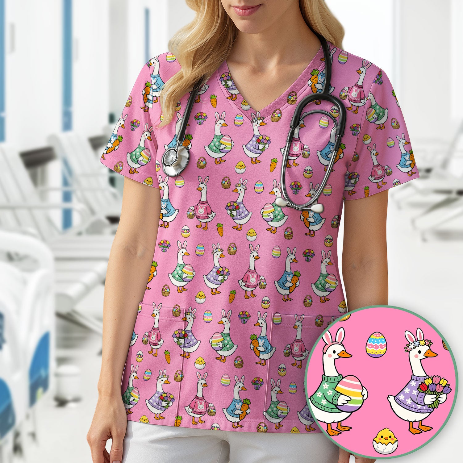 Cute Easter Goose Pattern Scrub Top, Breathable Fabrics Nursing Uniform