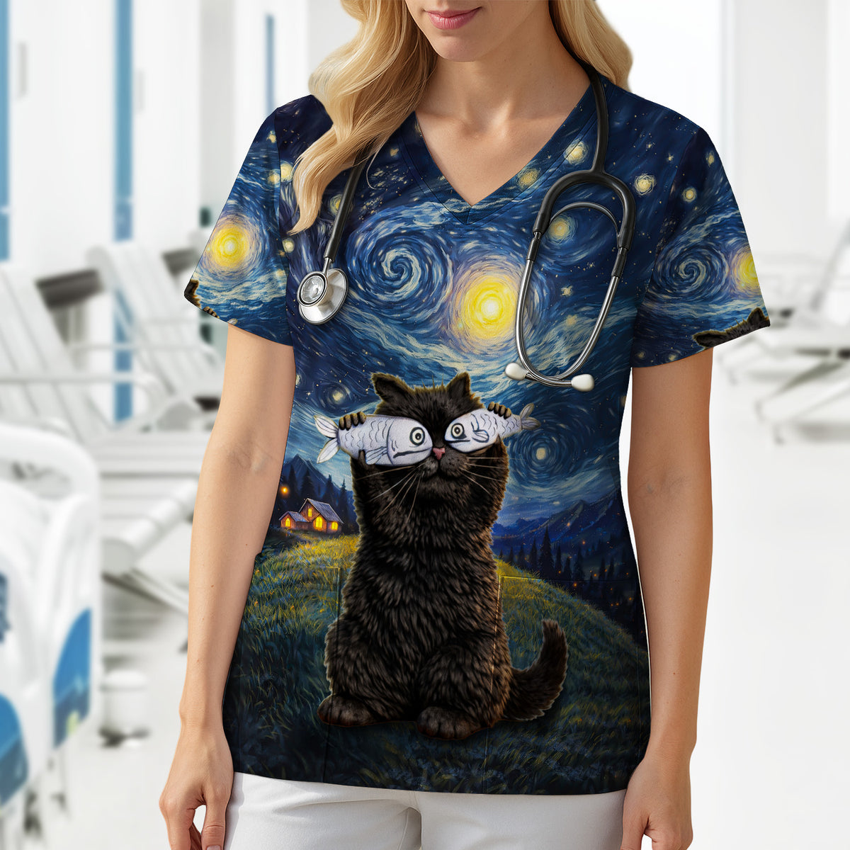 „Starry Night“-Katzen-Print V-Ausschnitt-Kasack, für katzenliebende Pflegekräfte