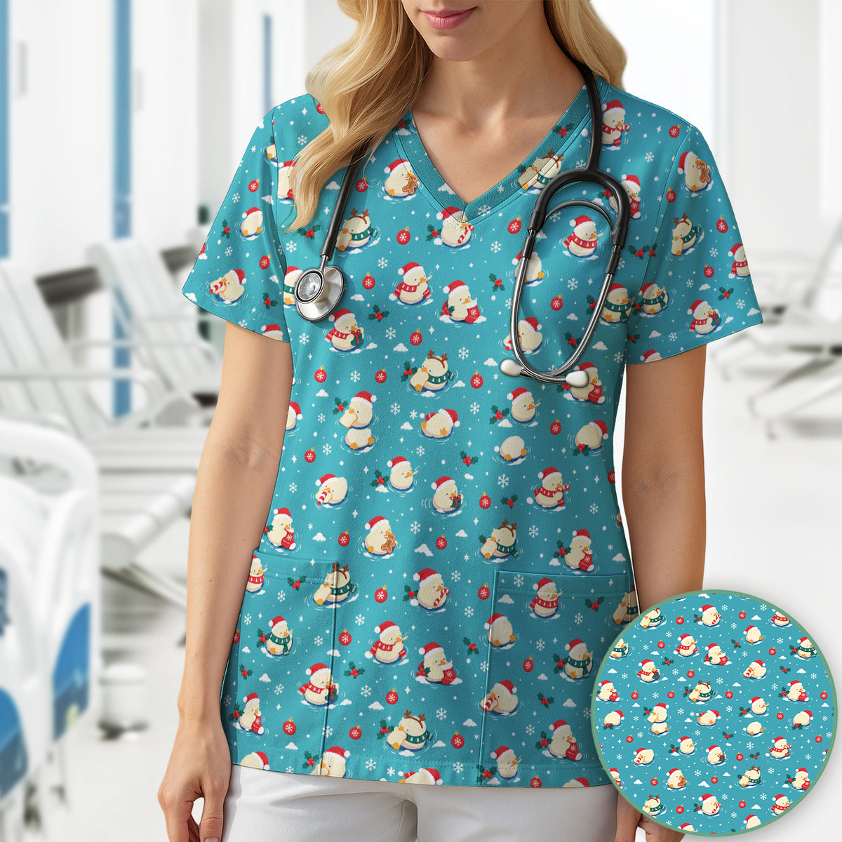 Christmas Ducks In Santa Hats Scrub Top, Comfortable Scrubs for Nurses