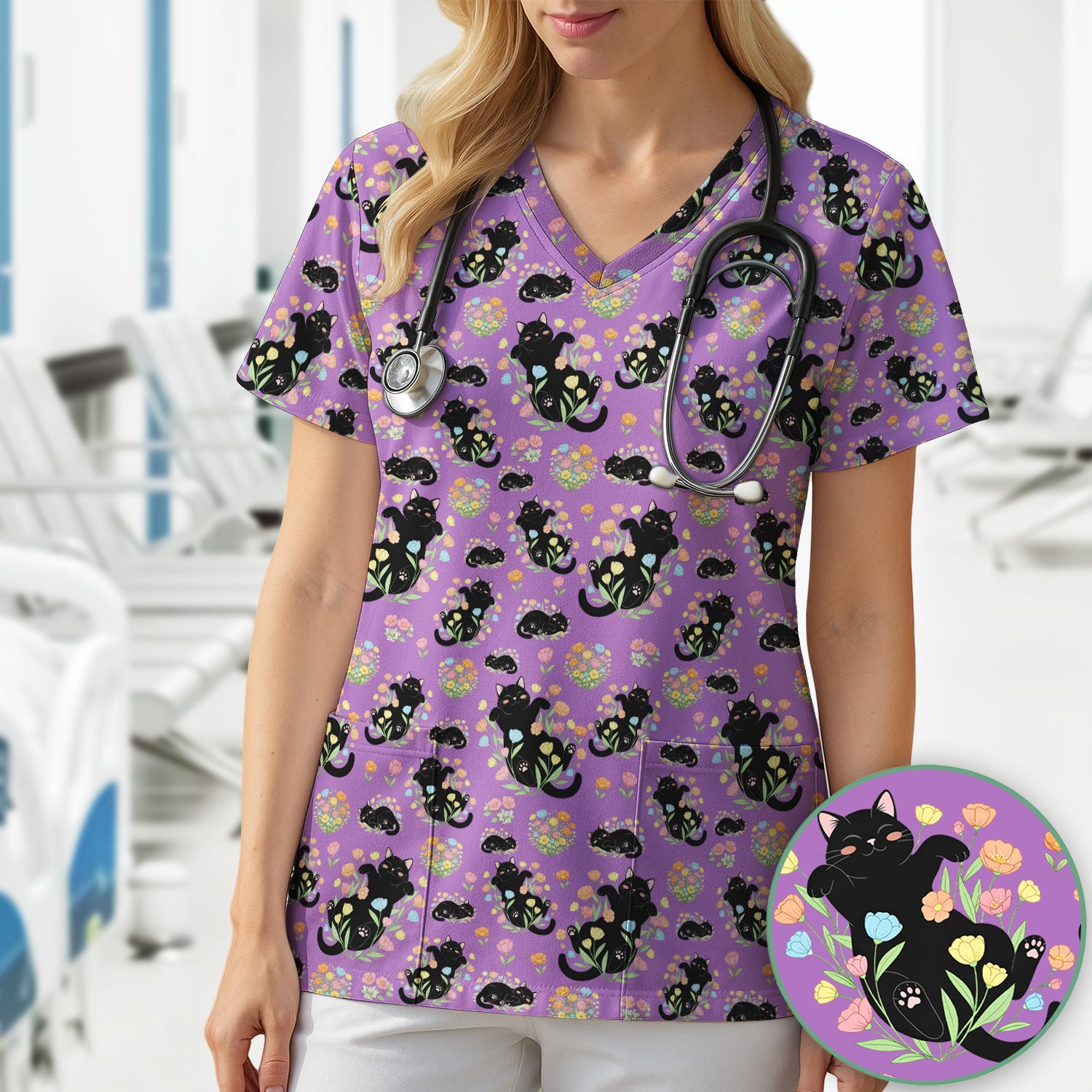 Cats With Cute Poses Floral Pattern Scrubs Top, Comfortable Scrubs for Nurses