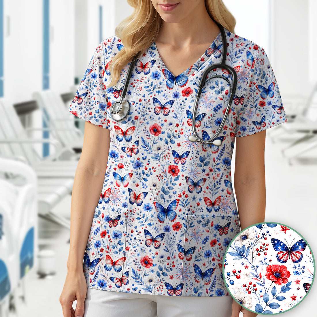Patriotic Butterfly Fireworks Floral Pattern Scrub Top, Comfortable Scrubs for Nurses