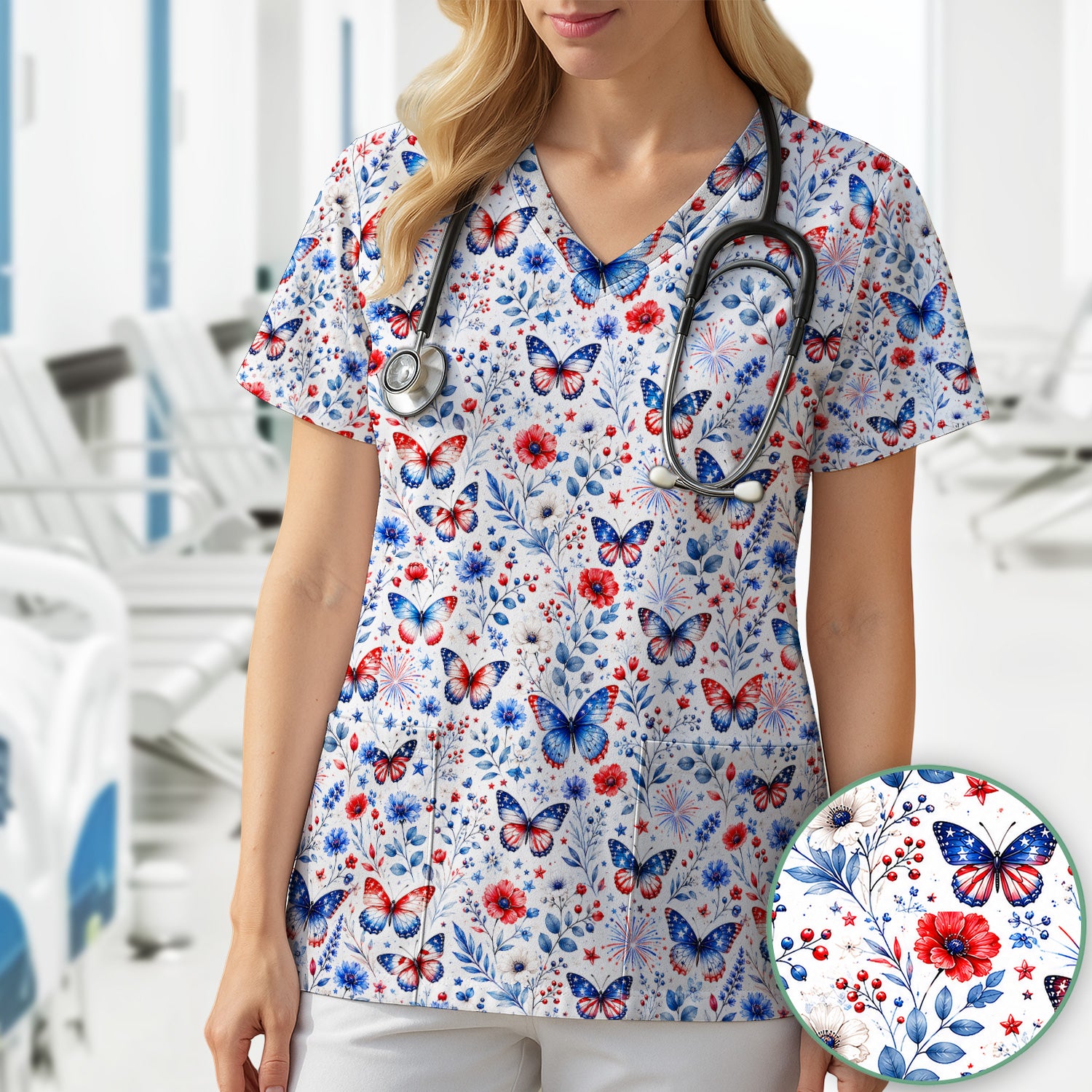 Patriotic Butterfly Fireworks Floral Pattern Scrub Top, Comfortable Scrubs for Nurses