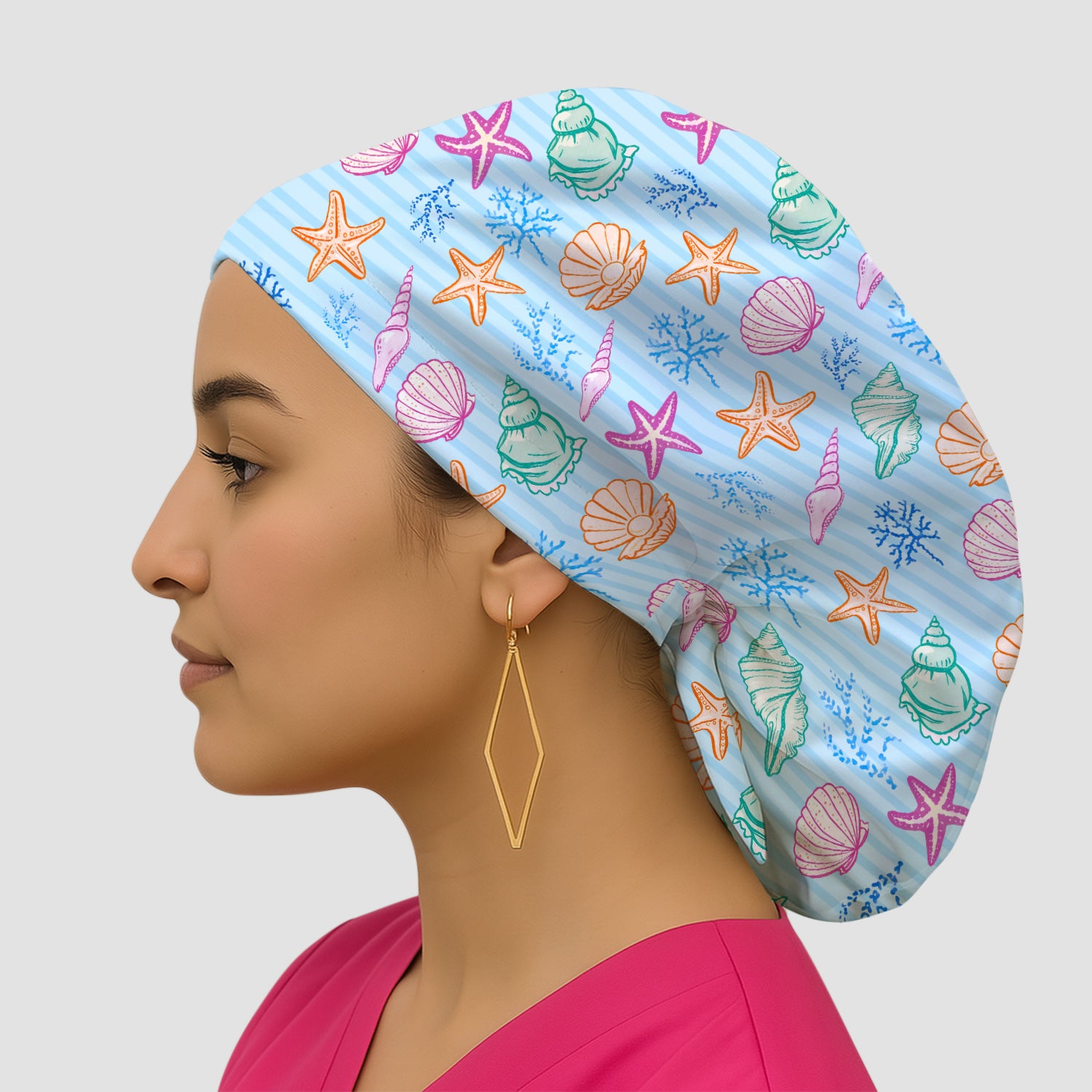 Colorful Seashell Starfish Ocean Stripe Pattern Cap, Bouffant Scrub Caps for Women