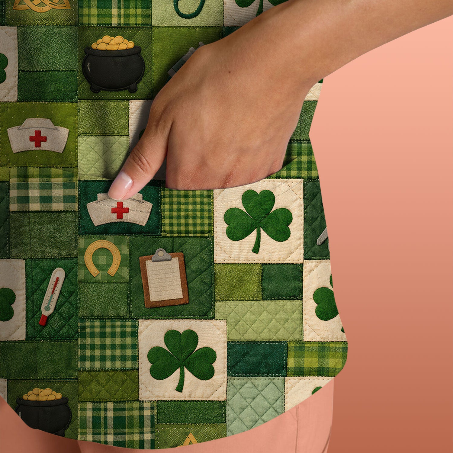 St Patrick Medical Patchwork Shamrock Scrub Top, Comfortable Scrubs for Nurses