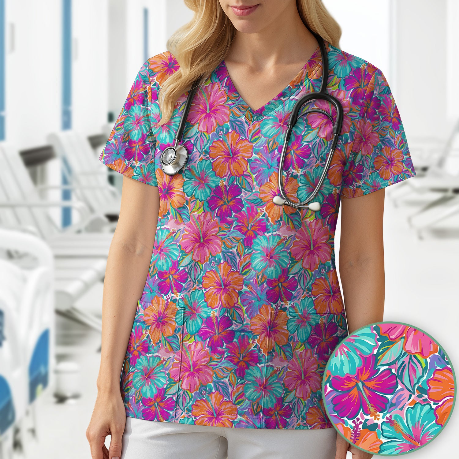 Vibrant Hibiscus Tropical Floral Pattern Scrub Top, Comfortable Scrubs for Nurses