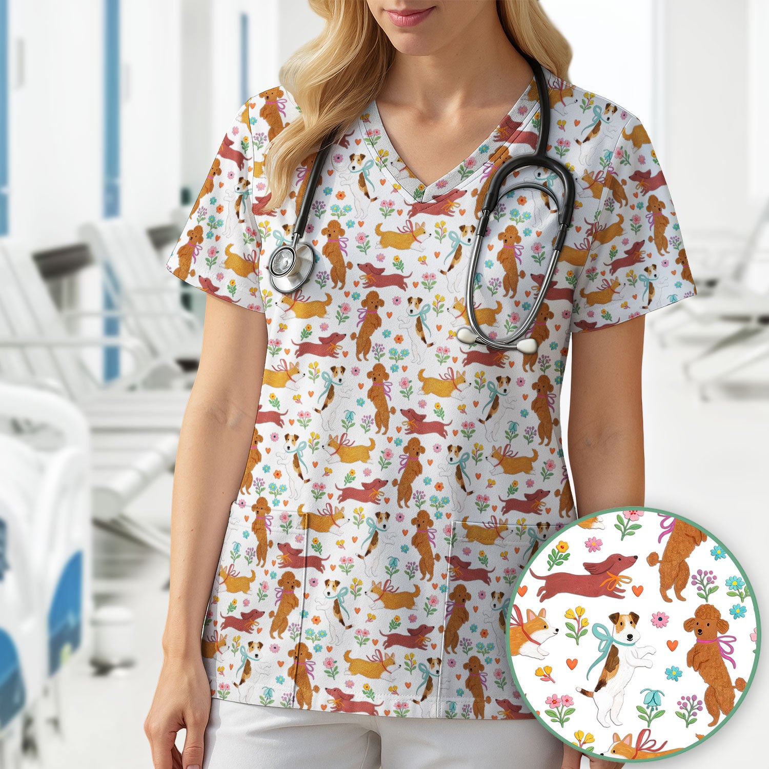 Cute Cartoon Dog Print Nurse Scrub Top, Comfortable Scrubs for Nurses