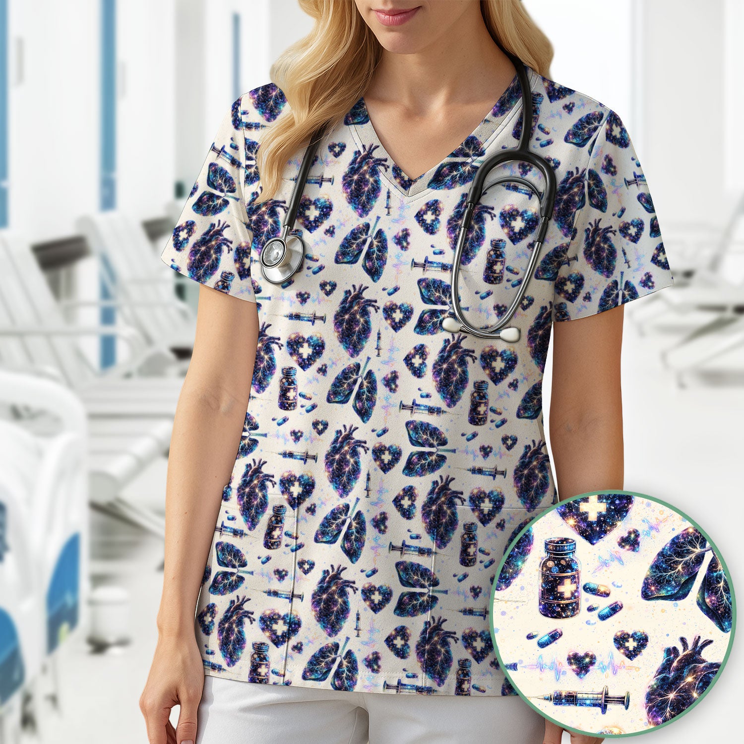 Galaxy Anatomical Heart Lung Syringe Print Scrub Top, Breathable Fabrics Nursing Uniform