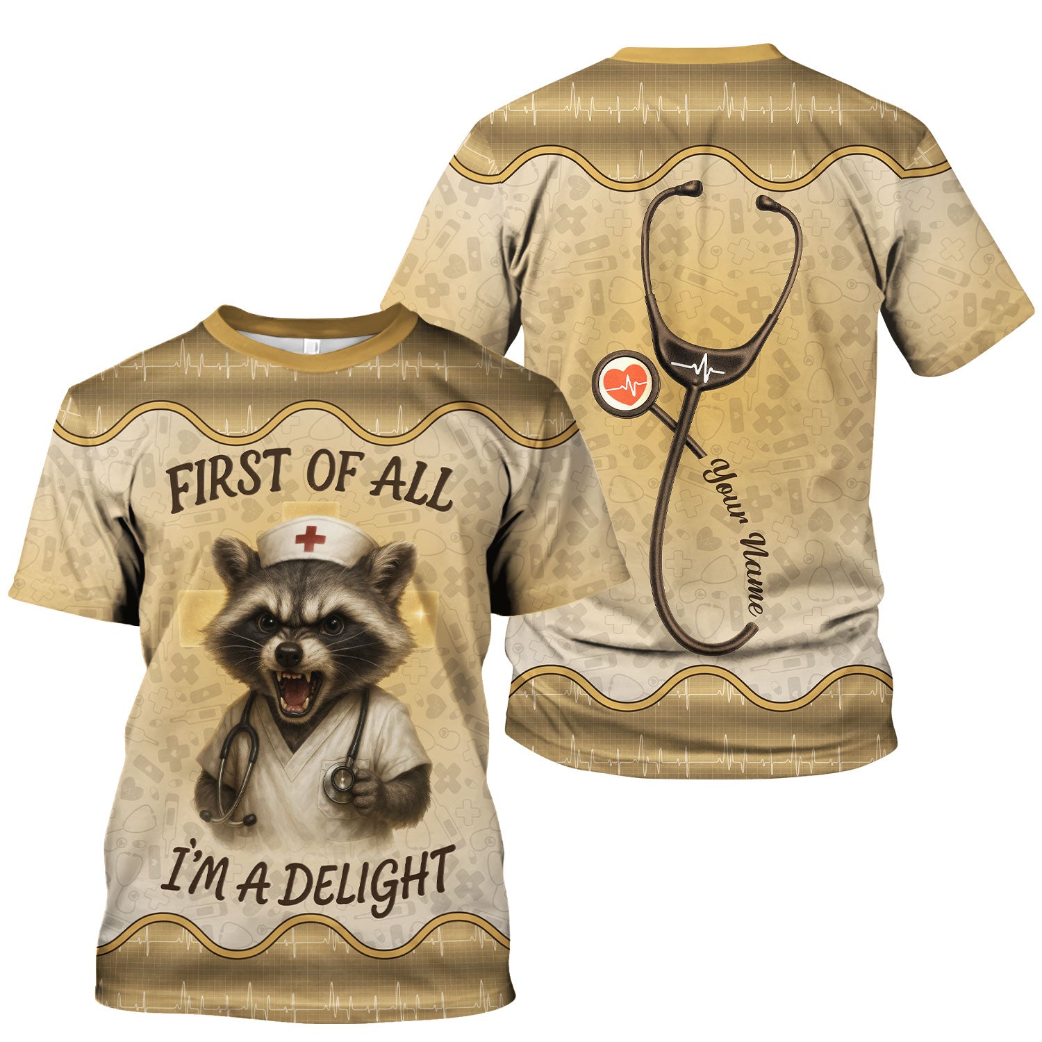 Funny Nurse Shirt with Raccoon - First Of All I'm A Delight - Personalized with Name - Cute Gift for RN CNA LPN Women in Healthcare