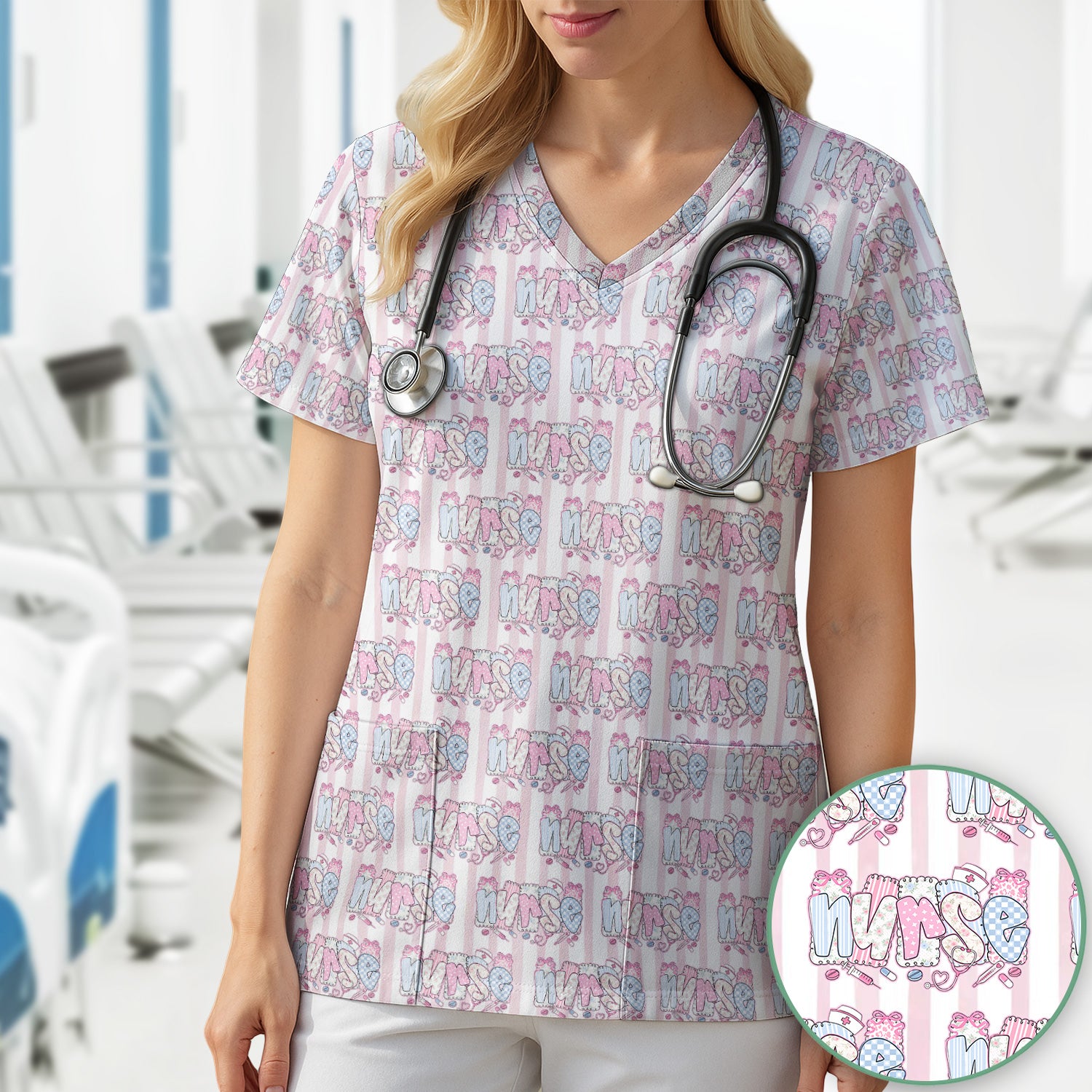 Cute Pastel Nurse Pattern Scrub Top, Comfortable Scrubs for Nurses