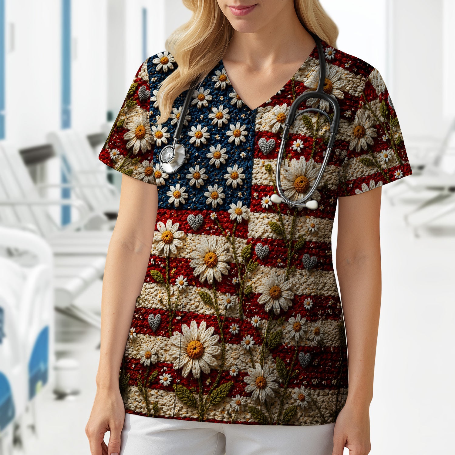 American Flag Daisy Floral Knit Texture Pattern Scrub Top, Breathable Fabrics Nursing Uniform