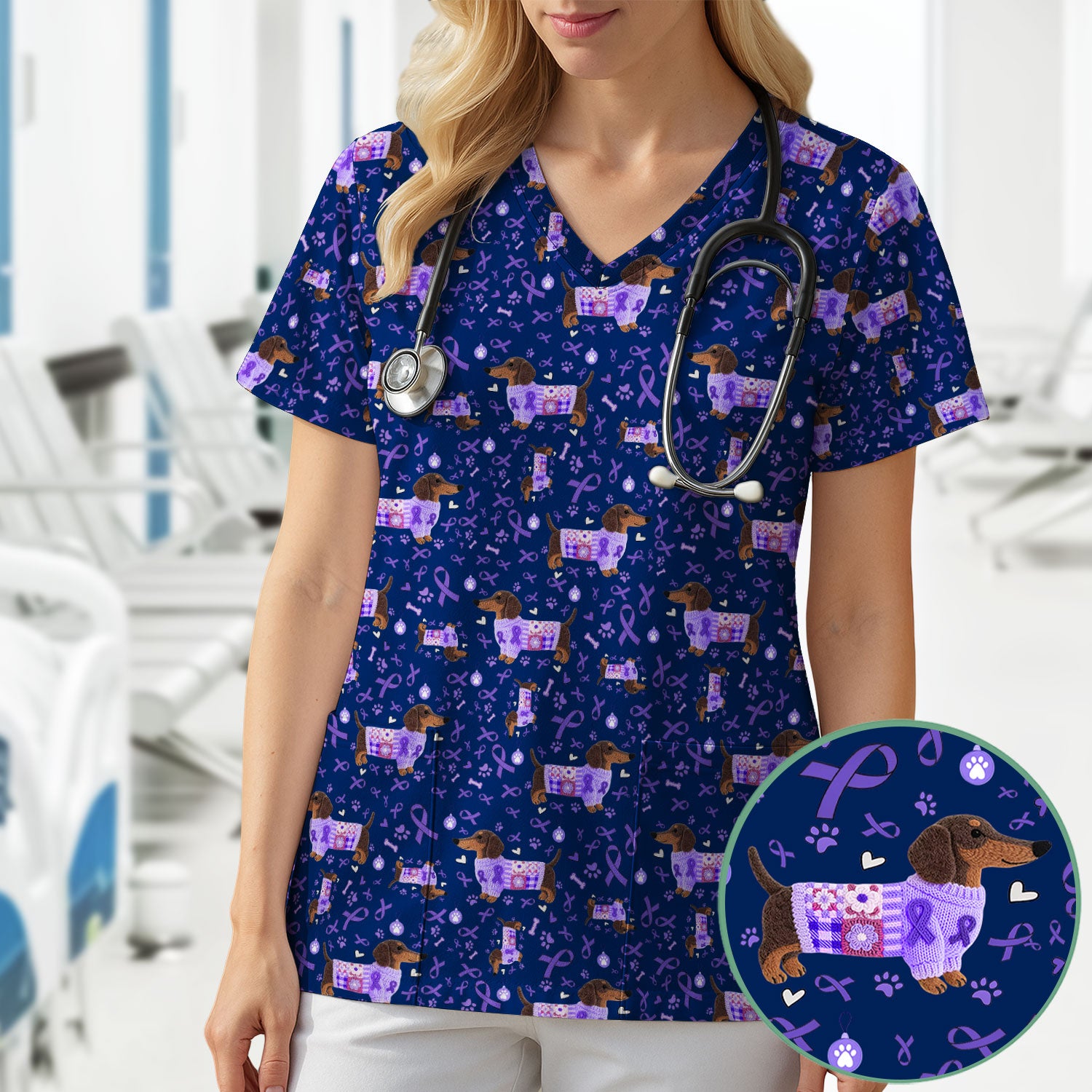 Wiener Dog Purple Ribbon Cancer Awareness Scrub - Breathable Fabrics Nursing Uniform - Comfortable Scrubs for Nurses