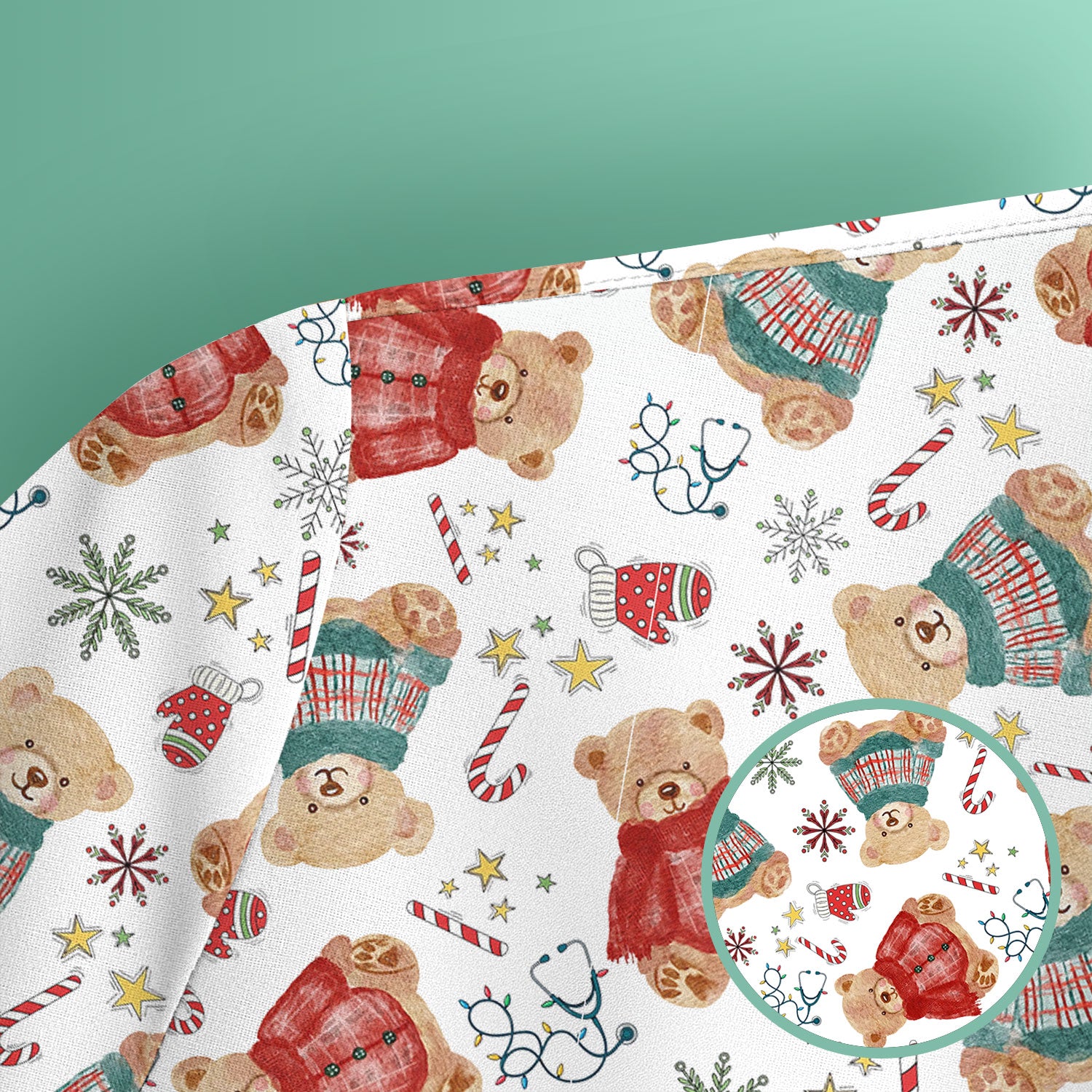 Funny Christmas Scrub Shirt - Cute Bear Winter Print Scrubs - Holiday Medical Scrub Top Gift for Women, Men, CNA RN, Doctor Nurse Christmas Outfit