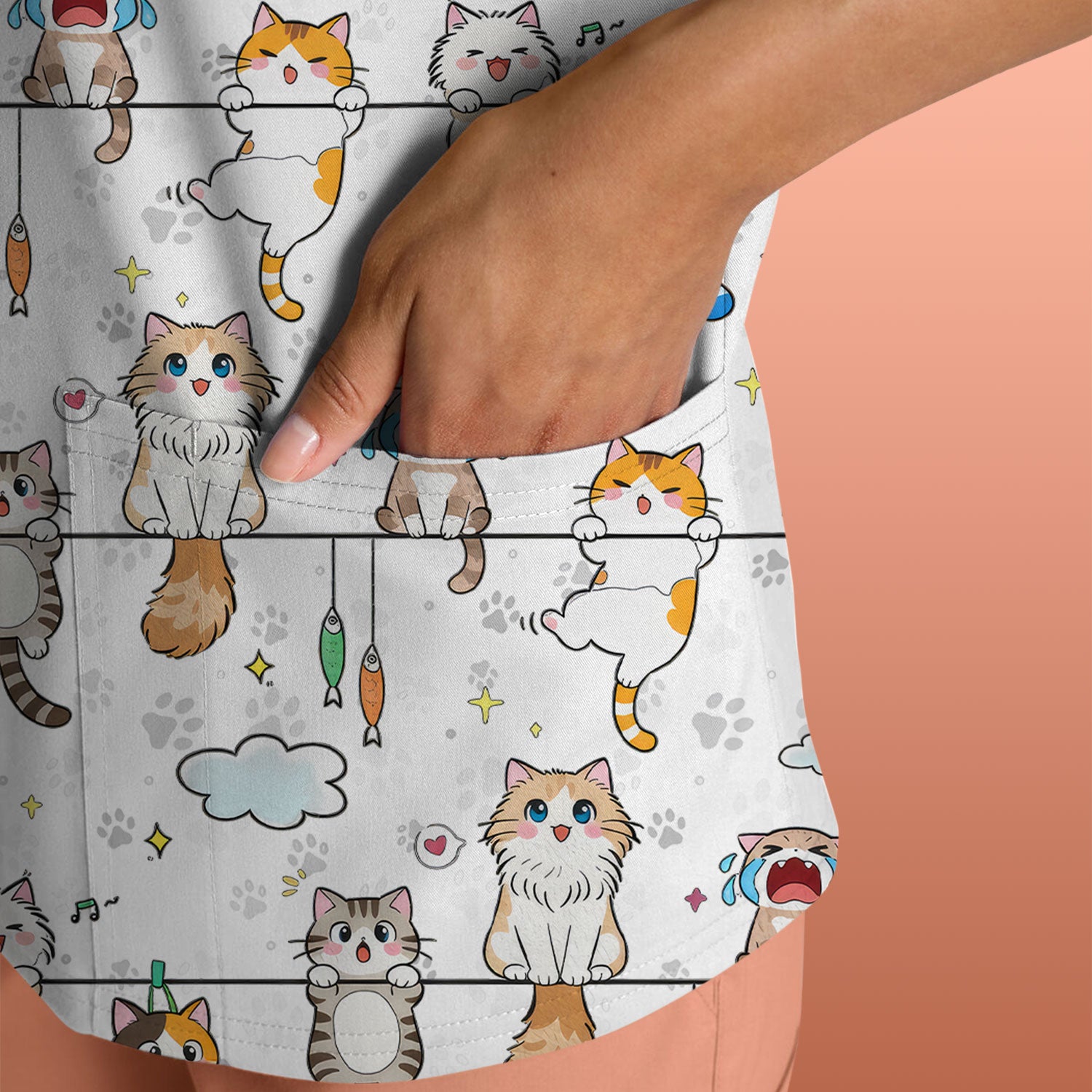 Funny Cats With Cute Expressions Pattern Scrubs Top, Comfortable Scrubs for Nurses