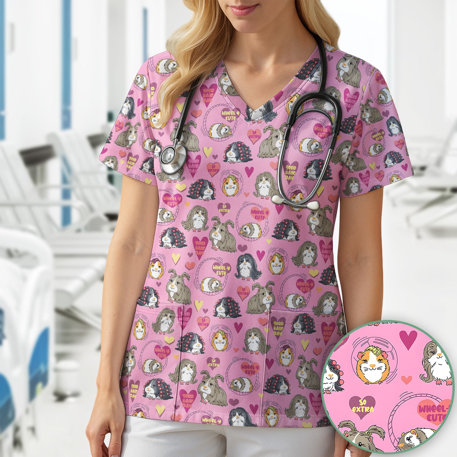 Cute Guinea Pig Heart Pattern Scrub Top, Comfortable Scrubs for Nurses