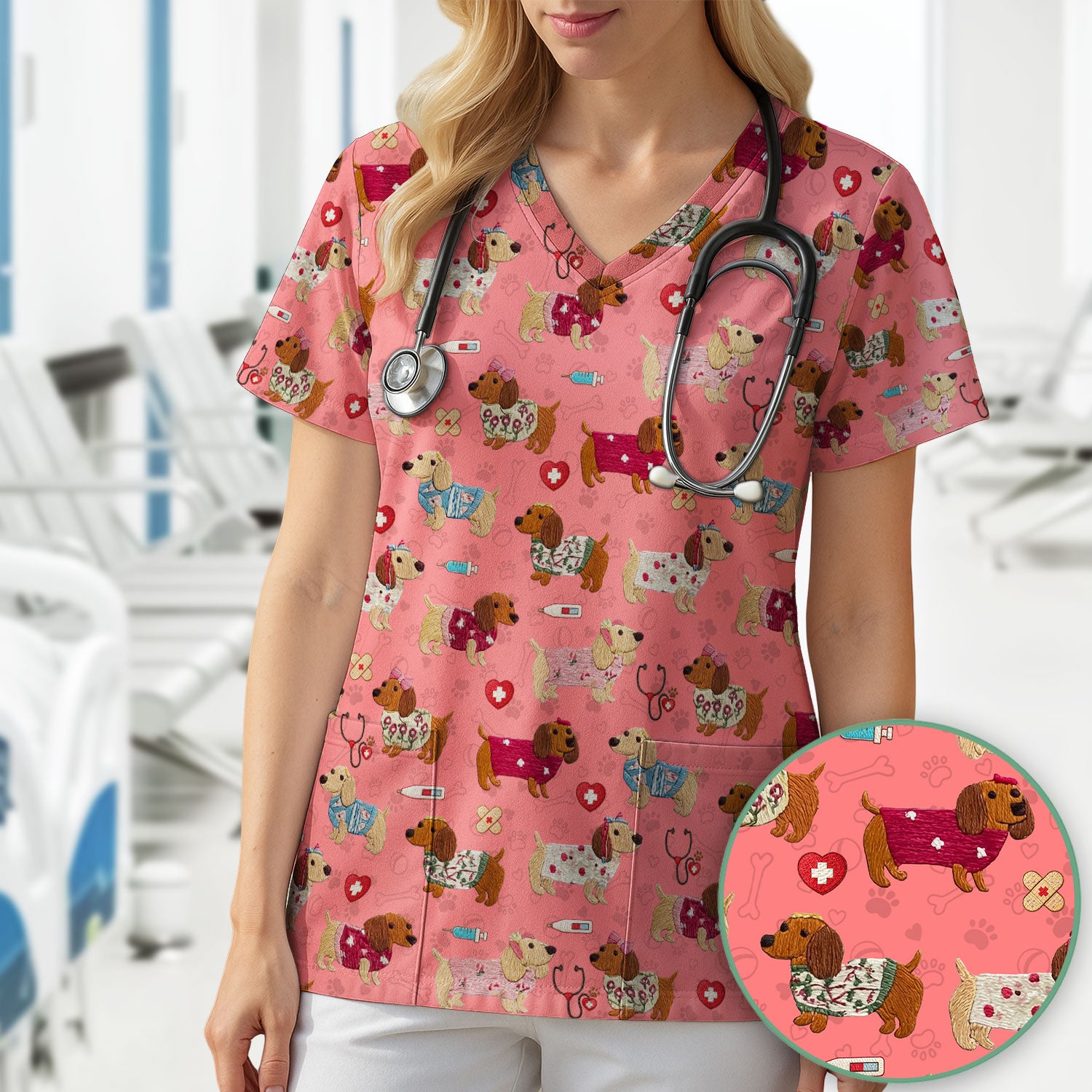 Cute Medical Wiener Dog Pattern Nurse Shirt, Dachshund Nursing Scrub Top, Breathable Fabrics Nursing Uniform