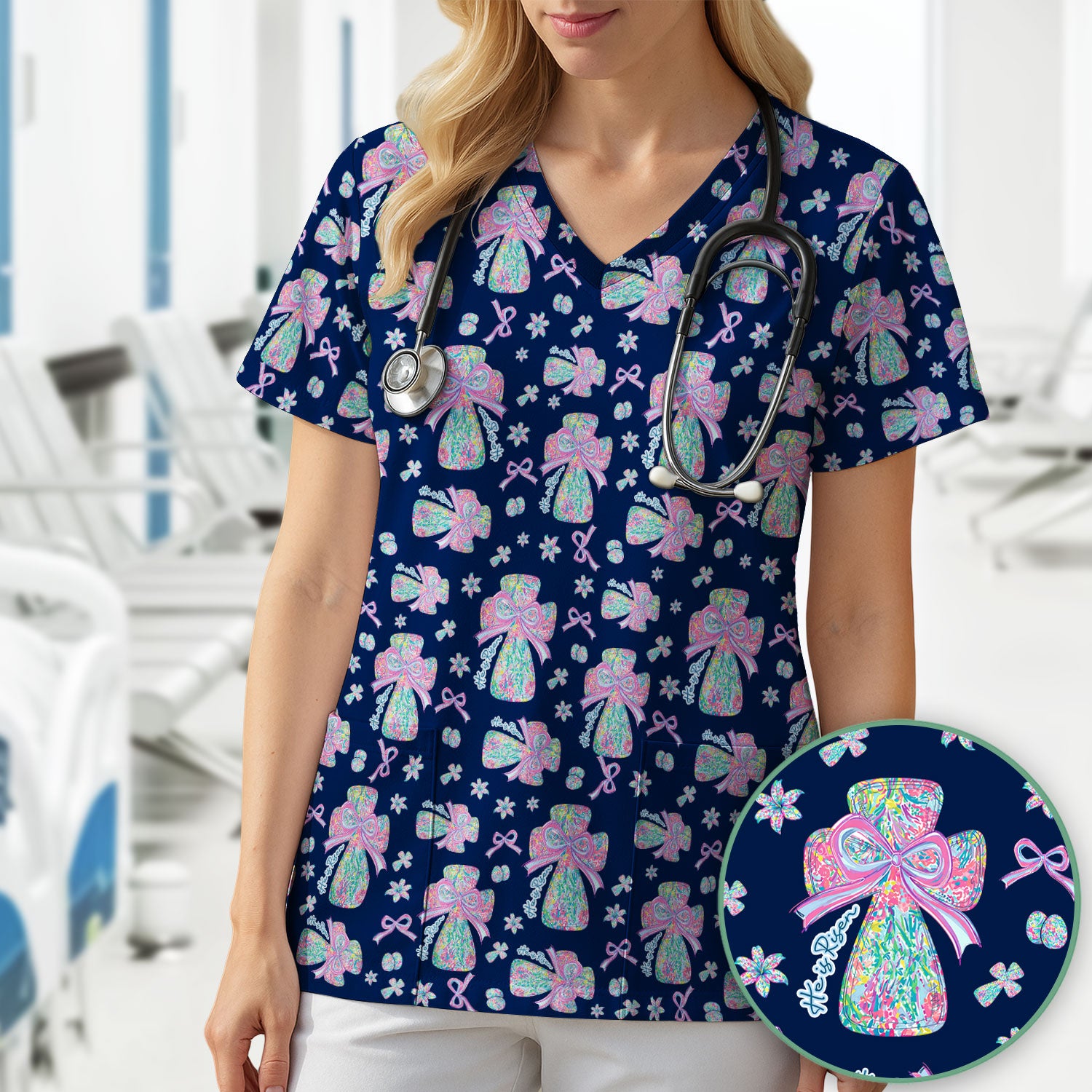 Colorful Bow Pattern Scrub Top, Breathable Fabrics Nursing Uniform