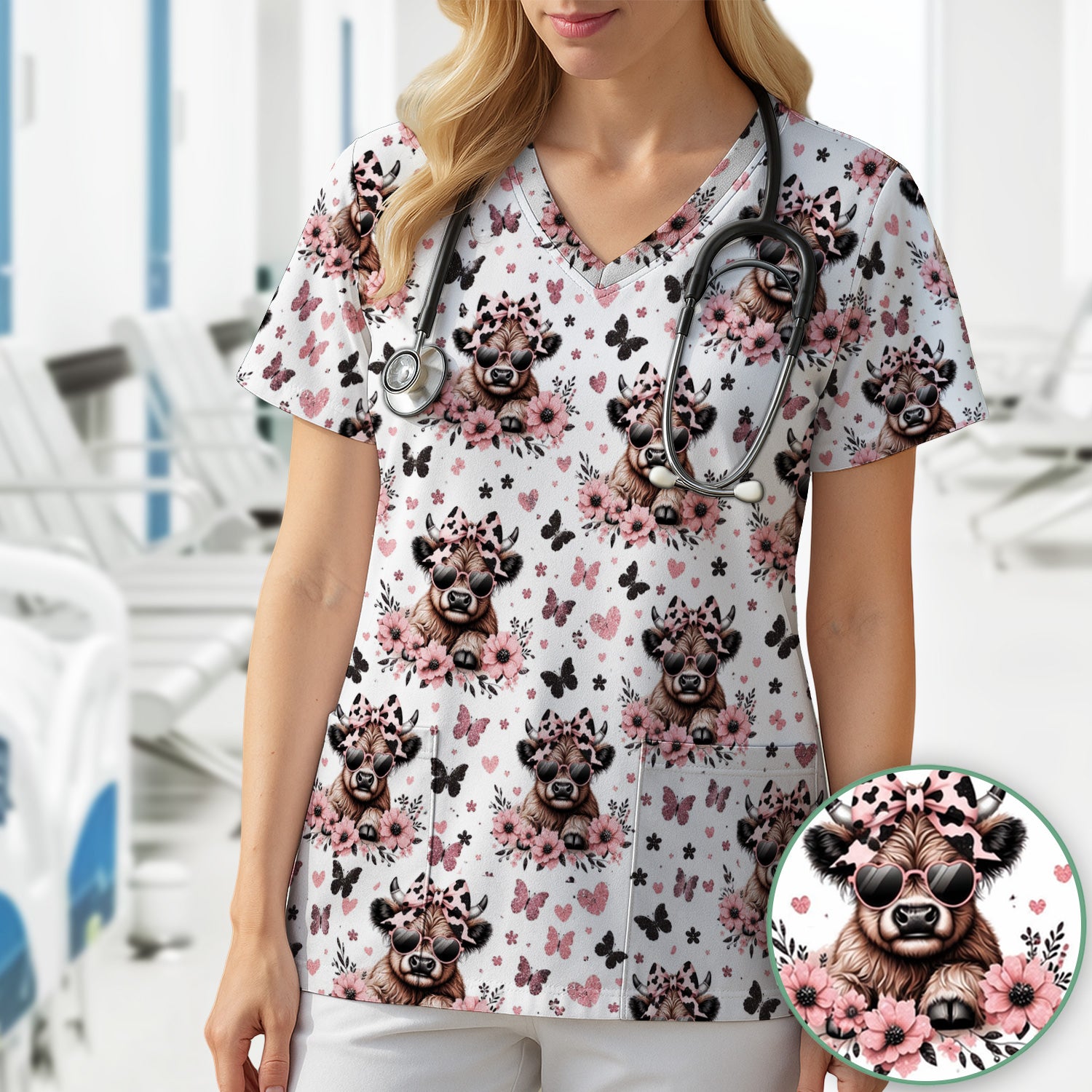Cute Cow With Heart Sunglasses Pattern Scrub Top, Comfortable Scrubs for Nurses