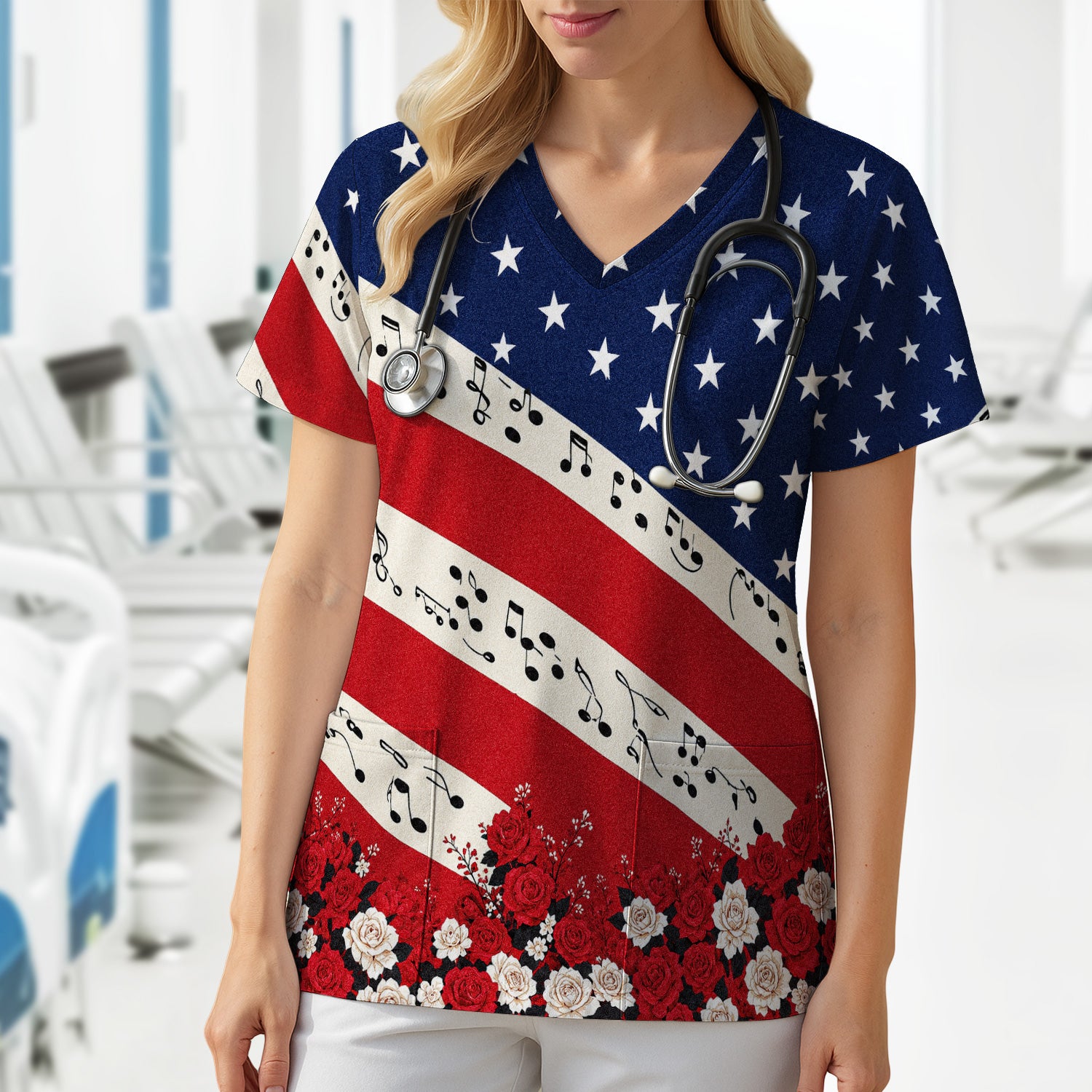 Patriotic Music Notes Nurse Scrub Top for RN, CNA, Healthcare Workers, Floral USA Uniform Scrub Top, Comfortable Scrubs for Nurses