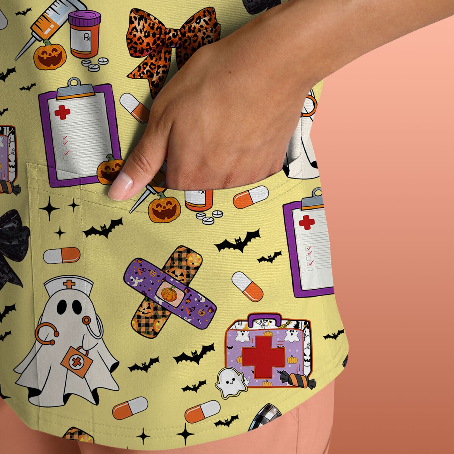 Halloween Nurse Scrub Top - Cute Ghost & Bow Medical Scrubs - Yellow Nursing Shirt with Colorful Halloween Print