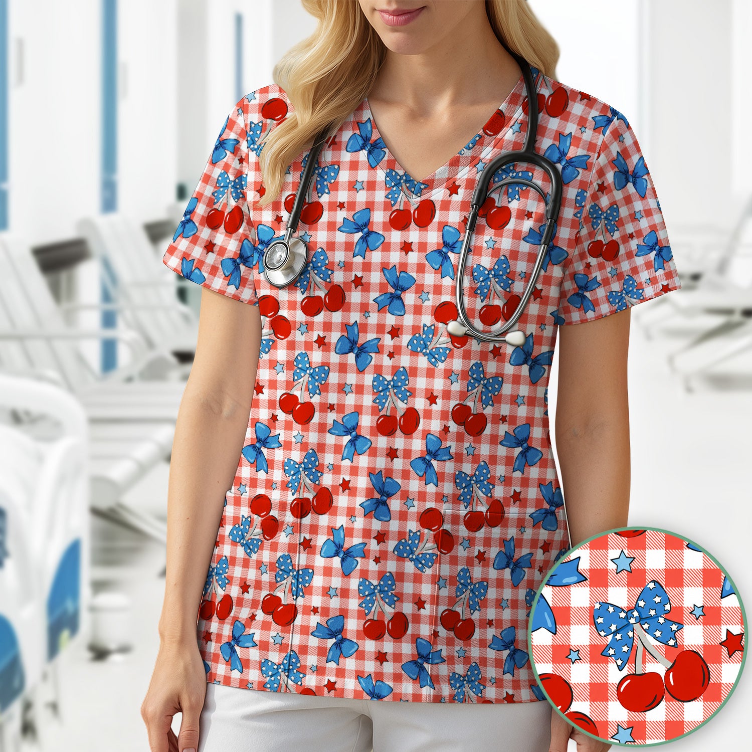 Cute Patriotic Cherry Bow Checkered Pattern Scrub Top, Comfortable Scrubs for Nurses