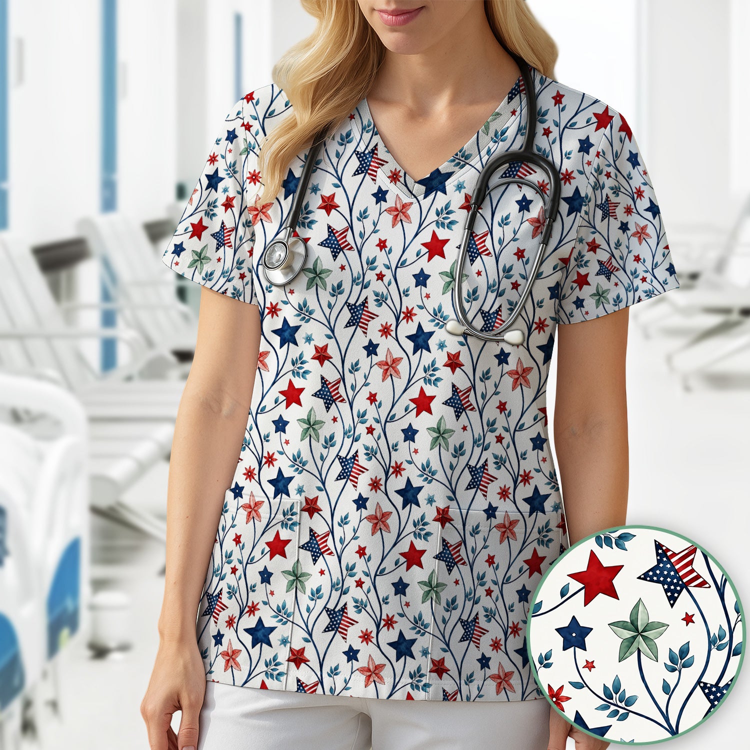 Patriotic Star Vine Floral Print Scrub Top, Comfortable Scrubs for Nurses