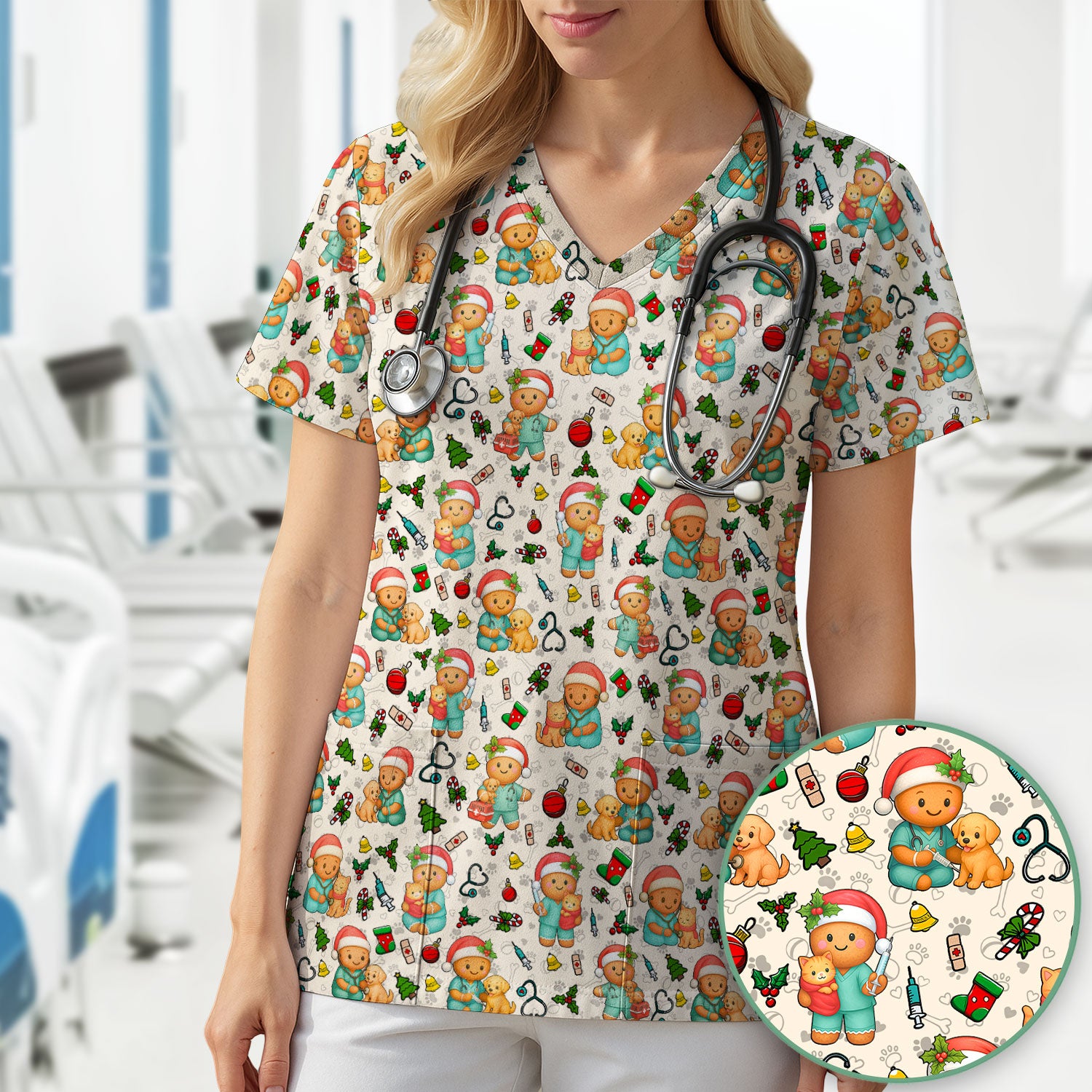 Cute Pharmacy Christmas Scrub Top – Funny Gingerbread Nurse Print Shirt – Festive Holiday Medical Uniform for Pharmacy Tech and Doctor