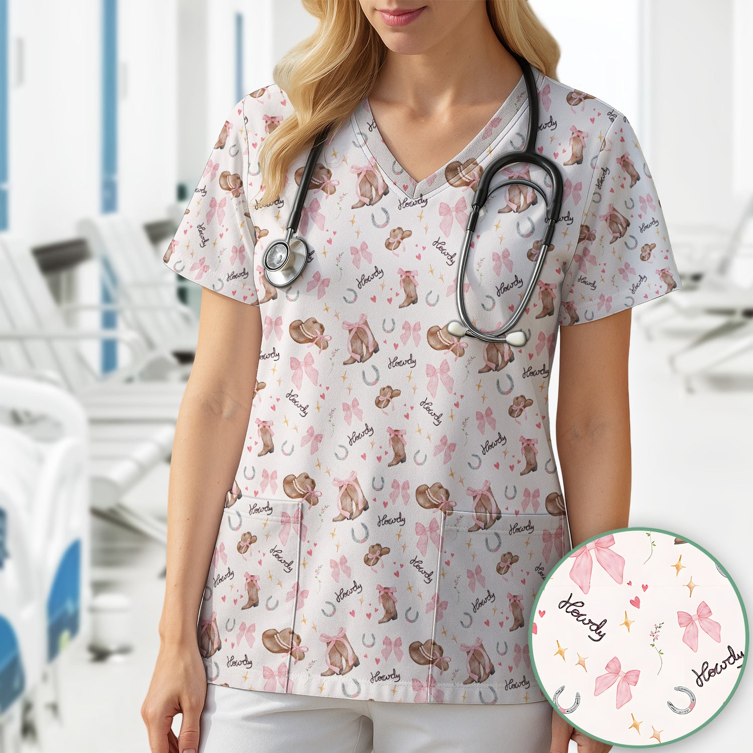 Cute Pink Cowgirl Boots Pattern Scrub Top, Comfortable Scrubs for Nurses