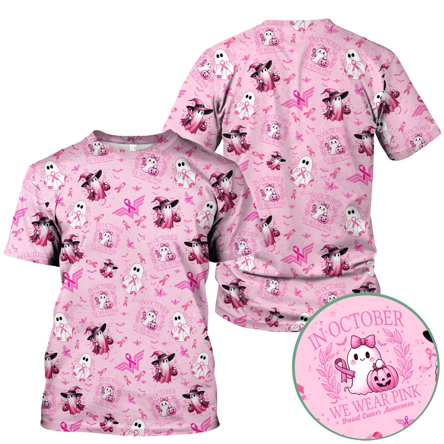 Halloween Breast Cancer Awareness Scrub Top - In October We Wear Pink Nurse Shirt - Cute Ghost Witch Pink Ribbon Medical Uniform