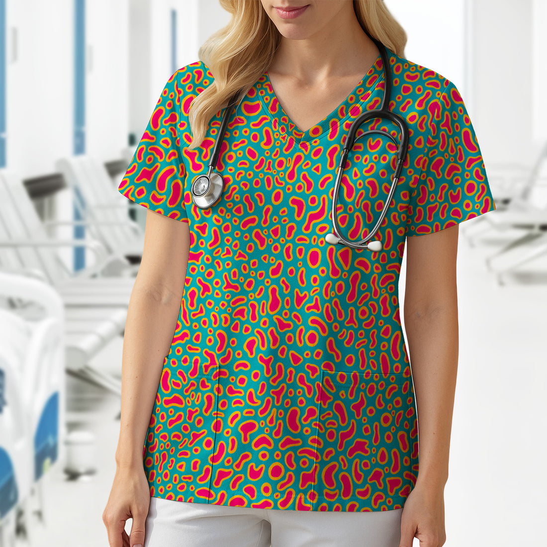 Colorful Abstract Leopard Pattern Scrub Top, Breathable Medical Uniform Top