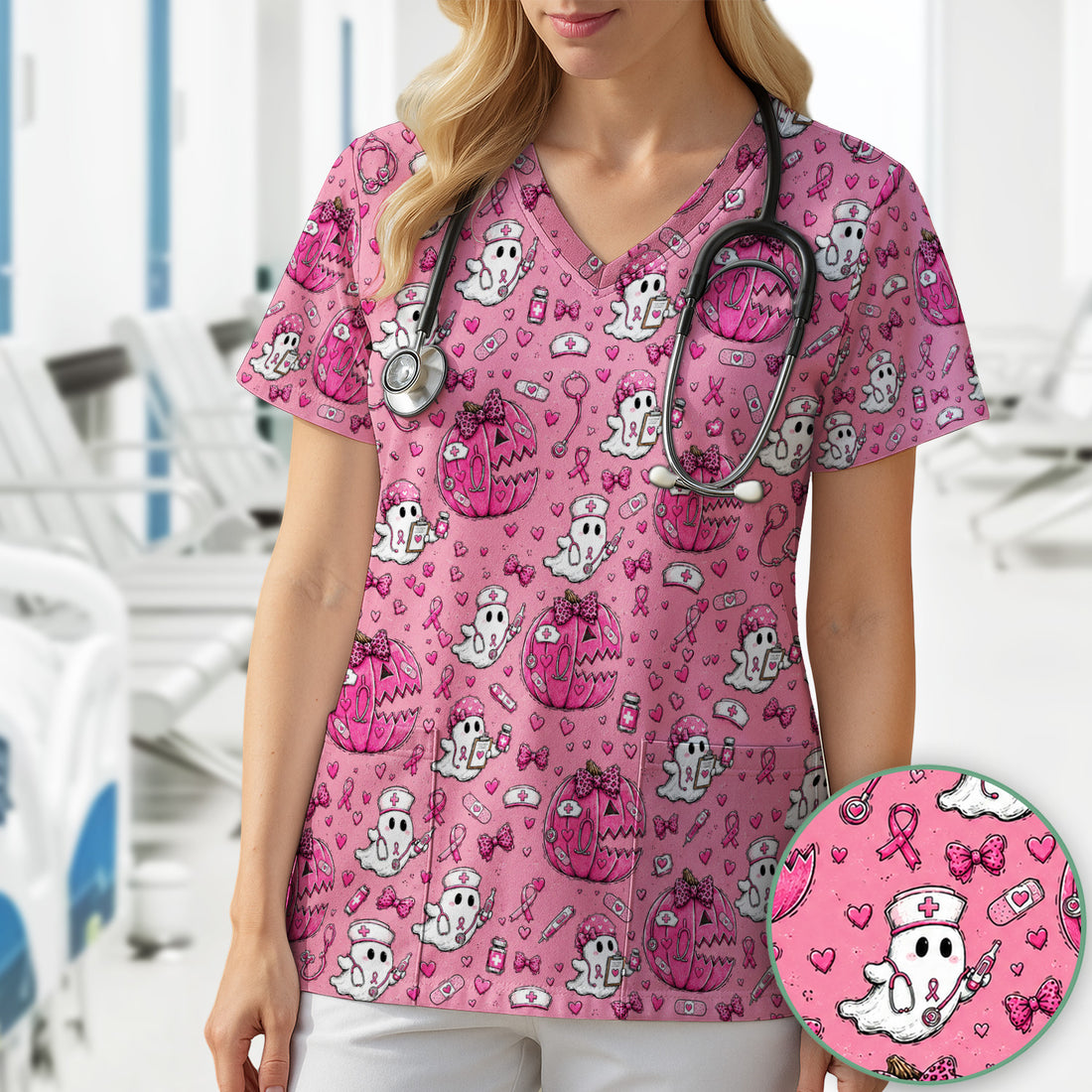 Pink Ribbon Ghost Pattern Scrub Top, Comfortable Scrubs for Nurses