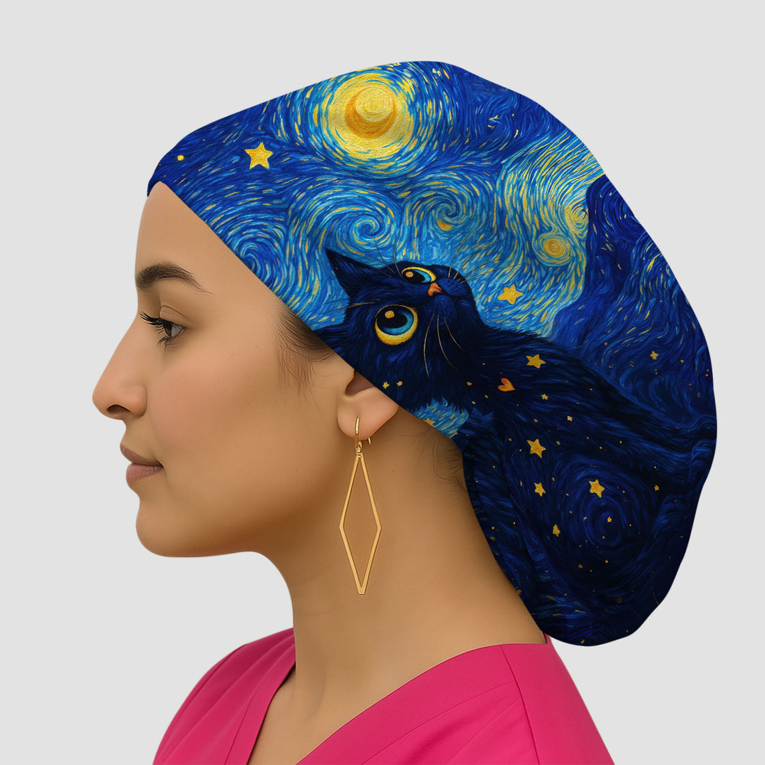 Black Cat Starry Night Pattern Print Surgical Cap, Breathable Fabrics Caps Uniform
