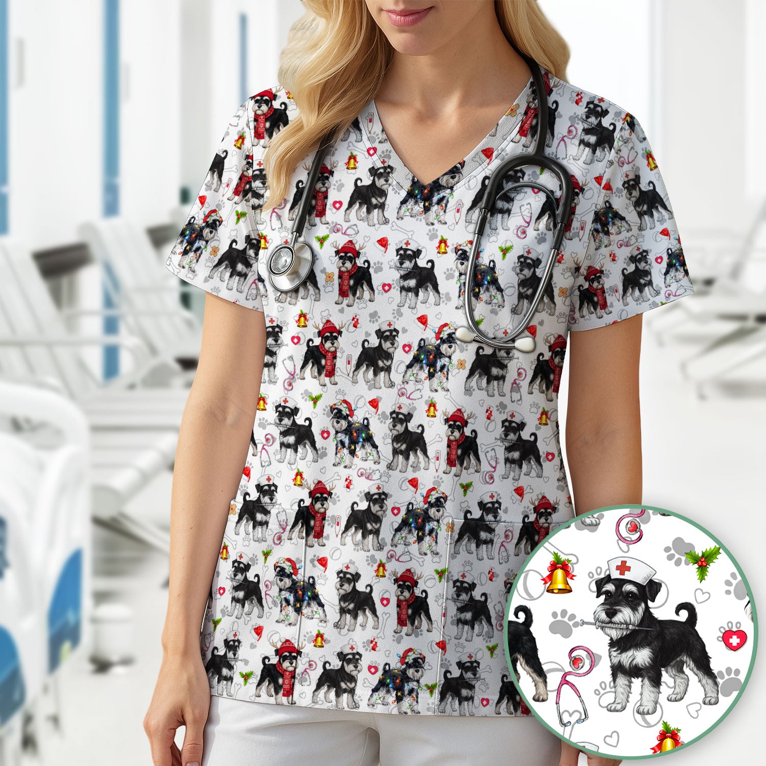 Christmas Schnauzer Scrubs for Nurses - Cute Dog Holiday Scrub Top - Funny Santa Nursing Medical Shirt for Women