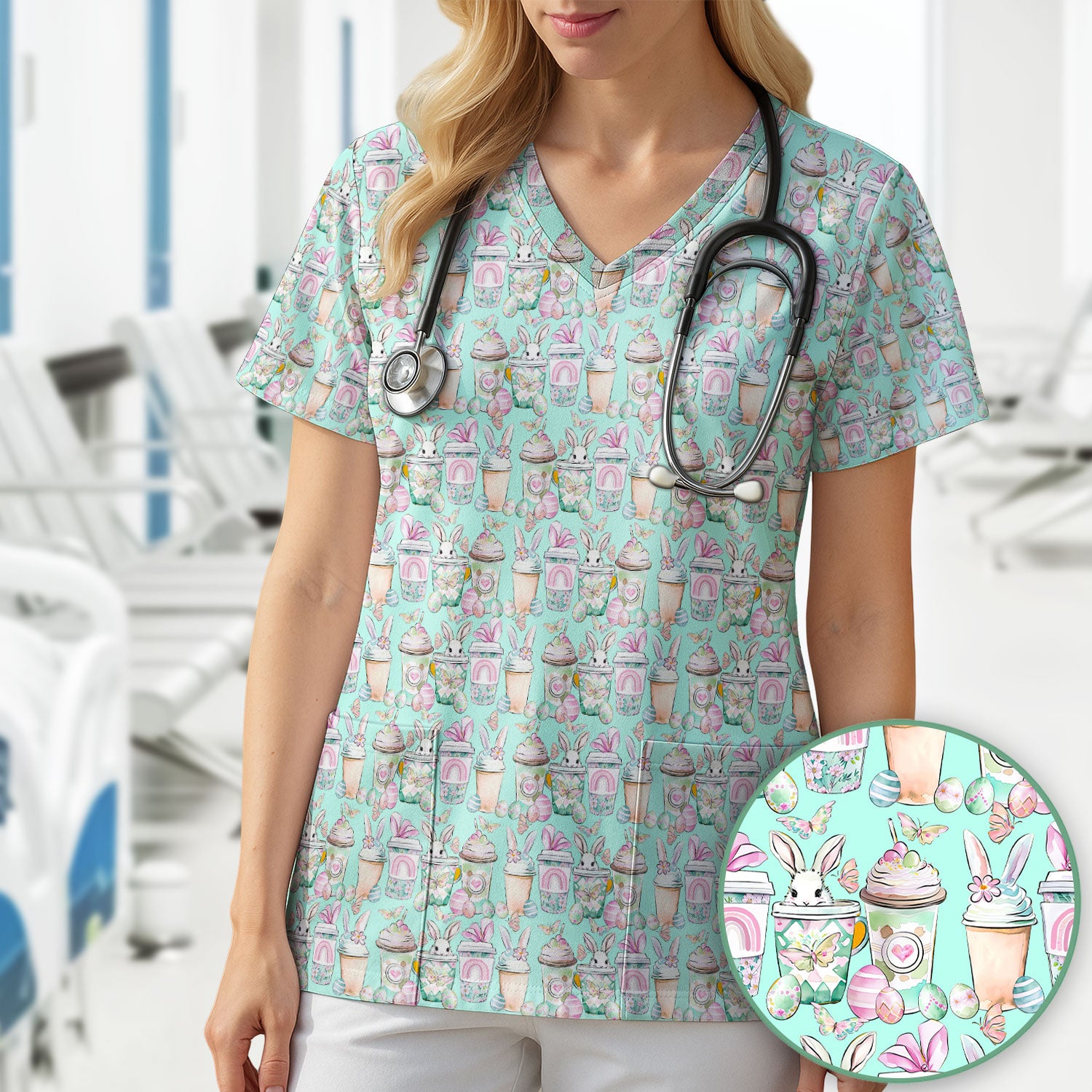 Cute Easter Bunny Coffee Cup Pattern Scrub Top, Comfortable Scrubs for Nurses