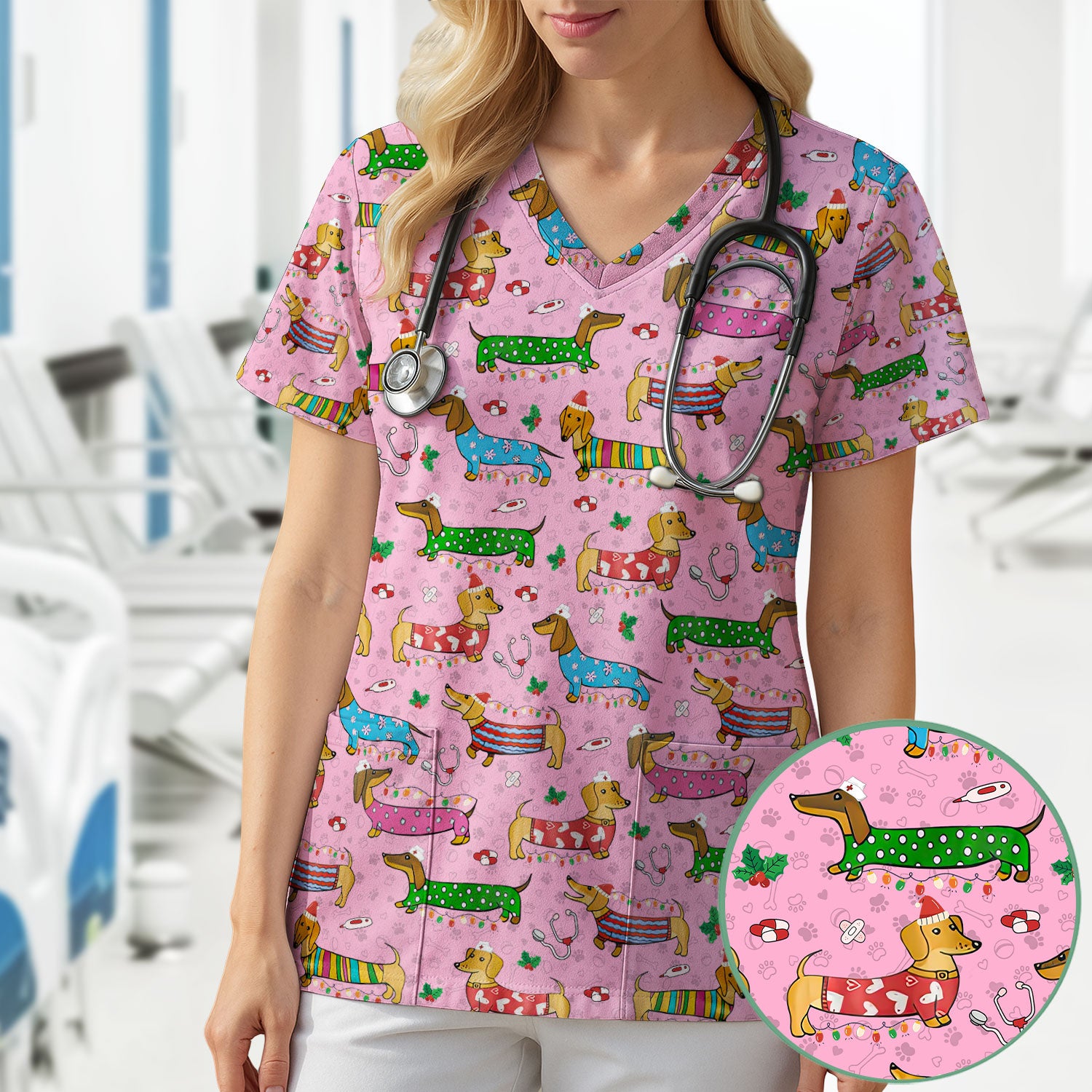 Christmas Dachshund Nurse Scrub Top - Cute Wiener Dog in Holiday Outfit - Funny Medical Shirt Gift for Women RN LPN CNA
