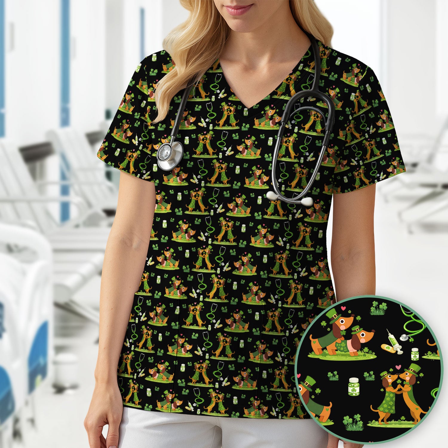Valentine Cute Dachshund Nurse Shirt, Dog Heart Pattern, Comfortable Scrubs for Nurses
