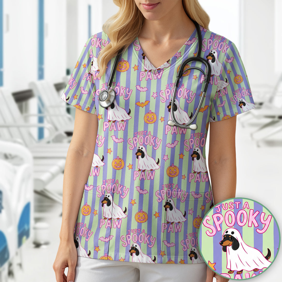 Just A Spooky Dachshund Paw Print Scrub Top, Comfortable Scrubs for Nurses