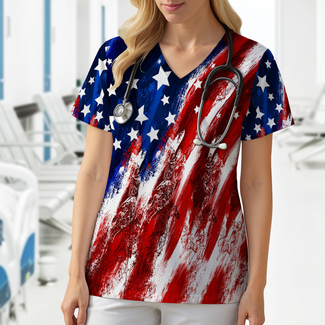 Patriotic American Flag Nurse Scrub Top for RN, CNA, Healthcare Workers, USA Medical Uniform Scrub Top, Comfortable Scrubs for Nurses