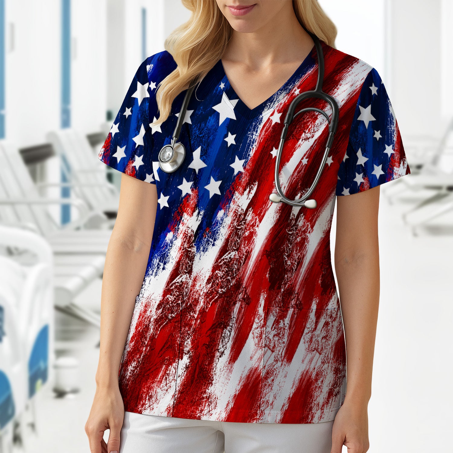 Patriotic American Flag Nurse Scrub Top for RN, CNA, Healthcare Workers, USA Medical Uniform Scrub Top, Comfortable Scrubs for Nurses