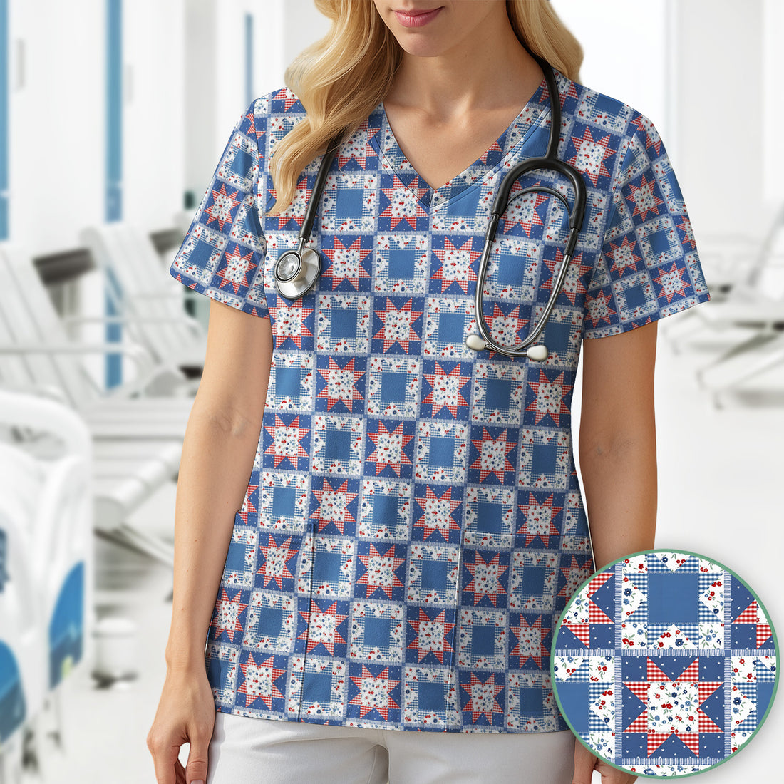 Vintage Patchwork Star Quilt Pattern Scrub Top, Comfortable Scrubs for Nurses