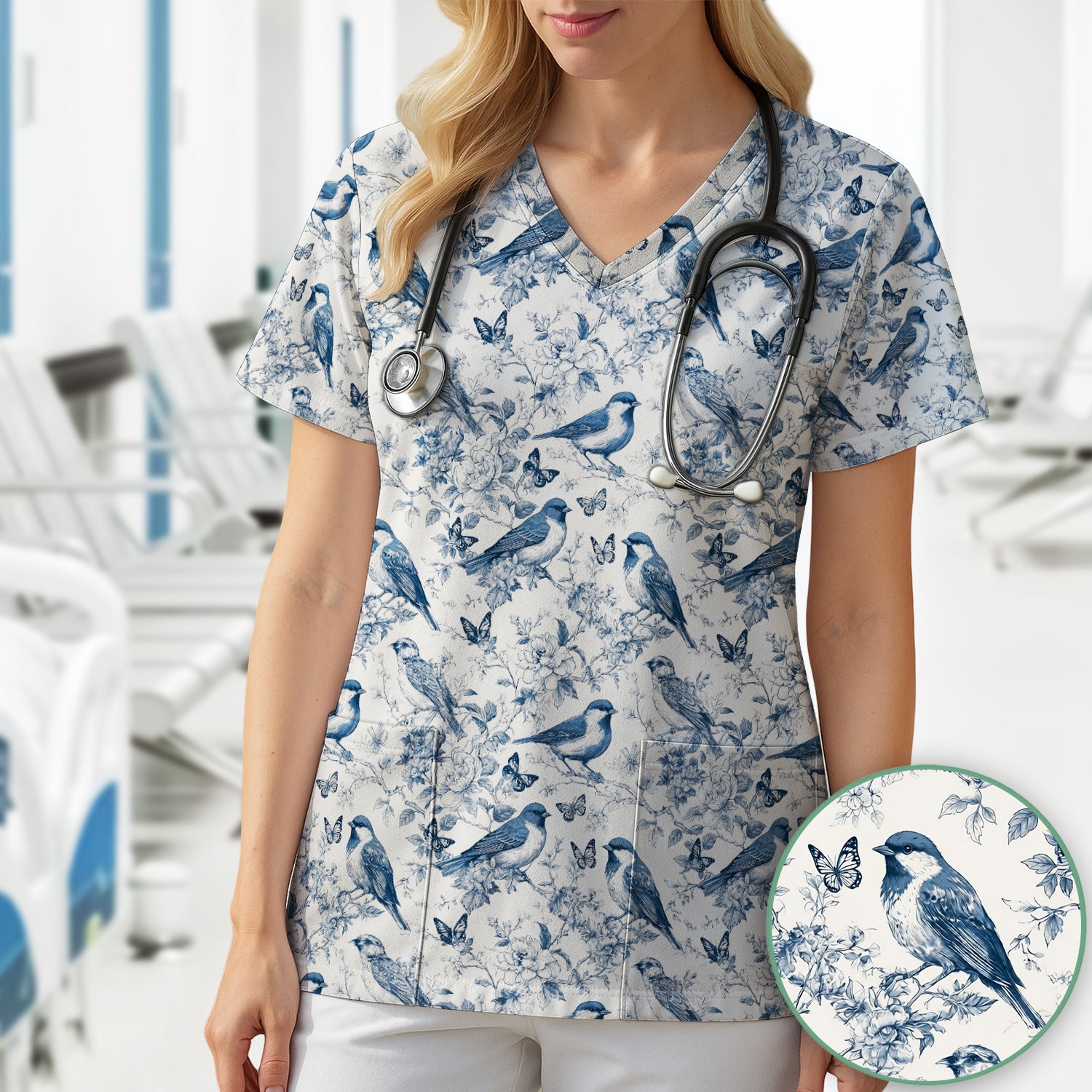 Blue Toile Songbird With Butterfly Print Scrub Top, Comfortable Scrubs for Nurses