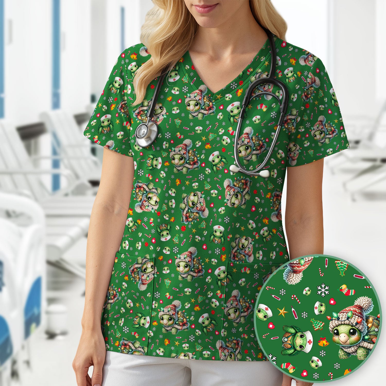 Christmas Turtle Scrub Top - Cute Funny Nurse Shirt - Holiday Medical Uniform for Women RN LPN CNA Gift Idea