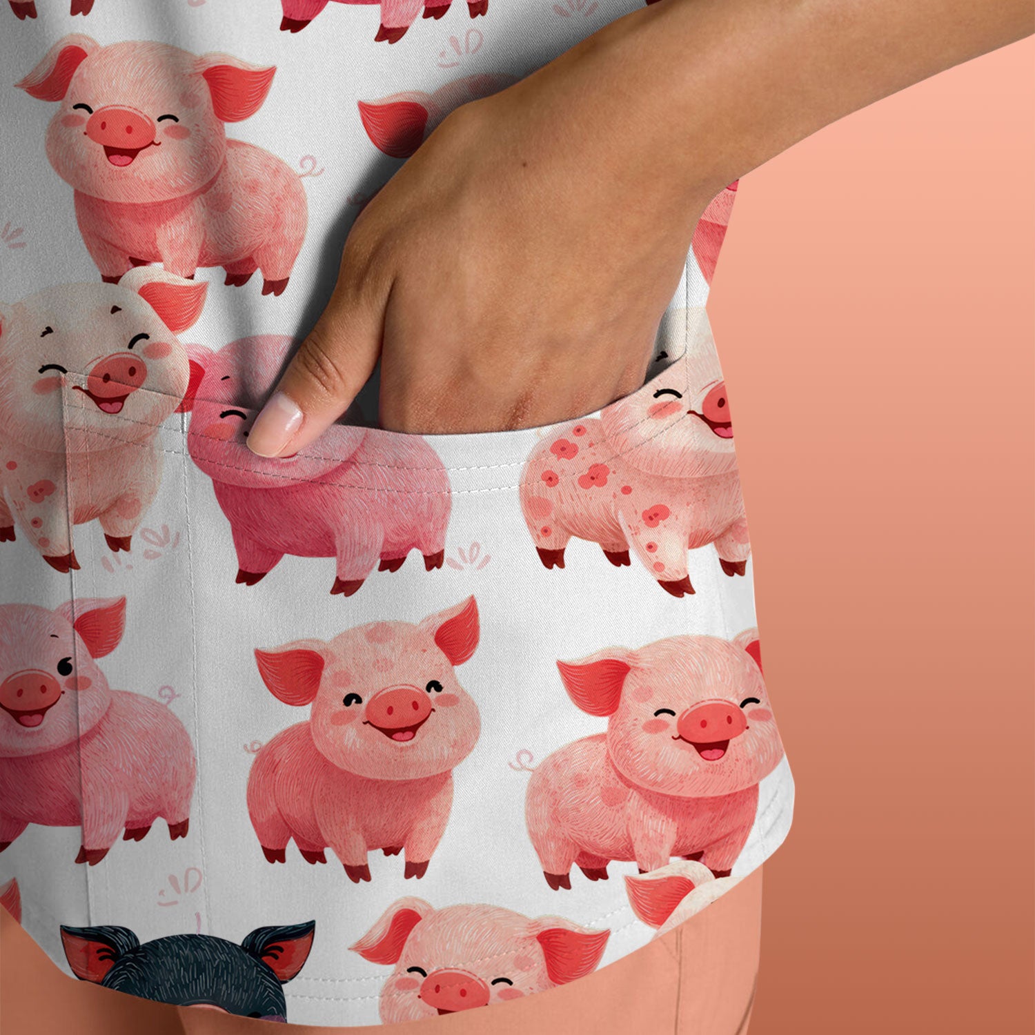 Funny Farm Pig Cartoon Pattern Scrub Top, Comfortable Scrubs for Nurses