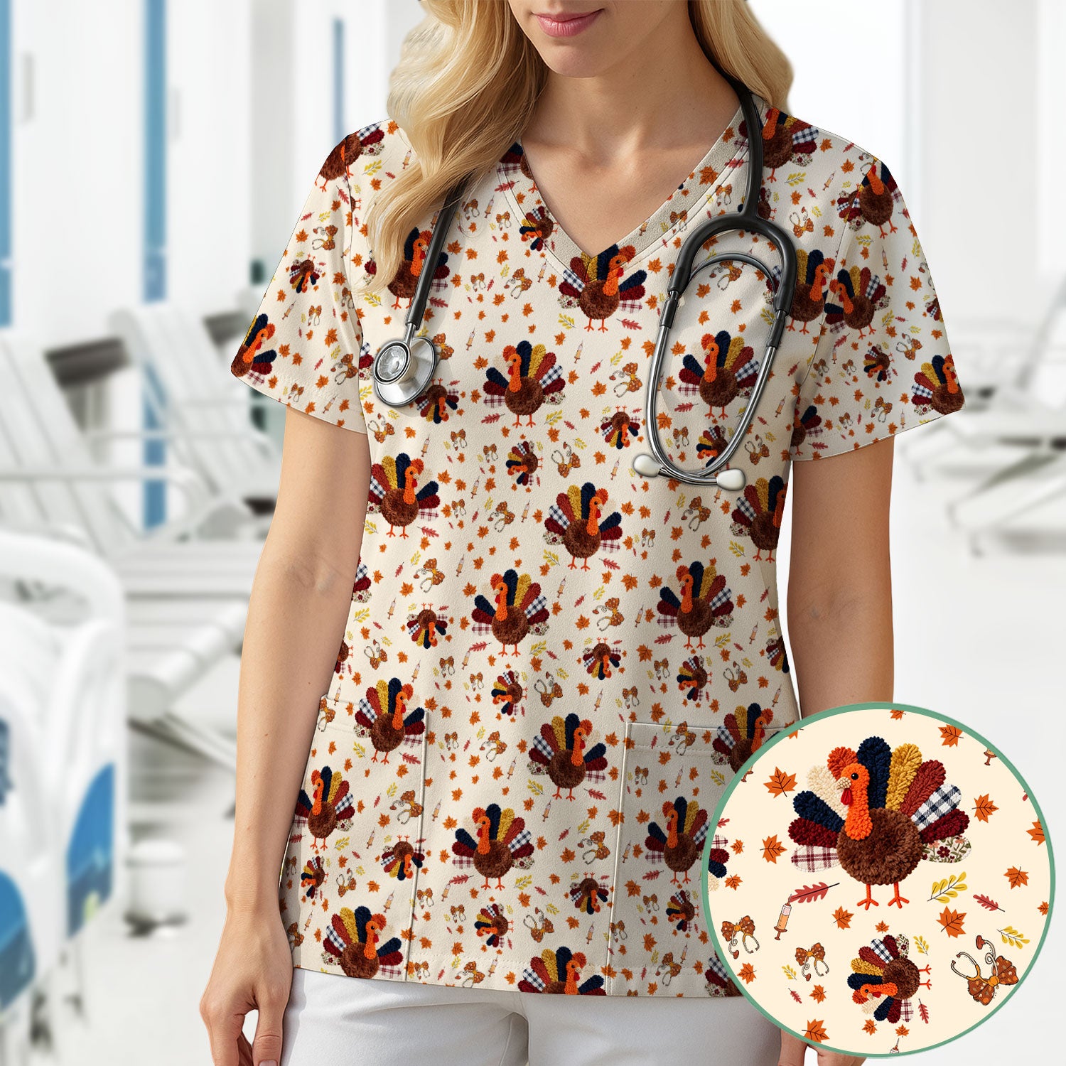 Funny Thanksgiving Nurse Scrub Top - Fall Leaves and Pumpkin Shirt - Autumn Turkey Med Uniform Gift for RN CNA LPN